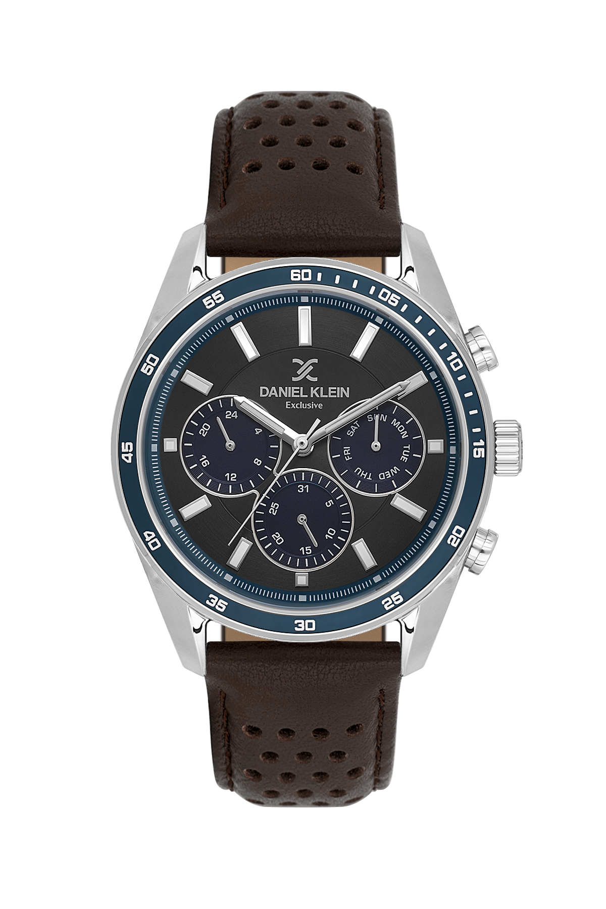 Daniel Klein watch with brown leather strap and blue dial on a white background