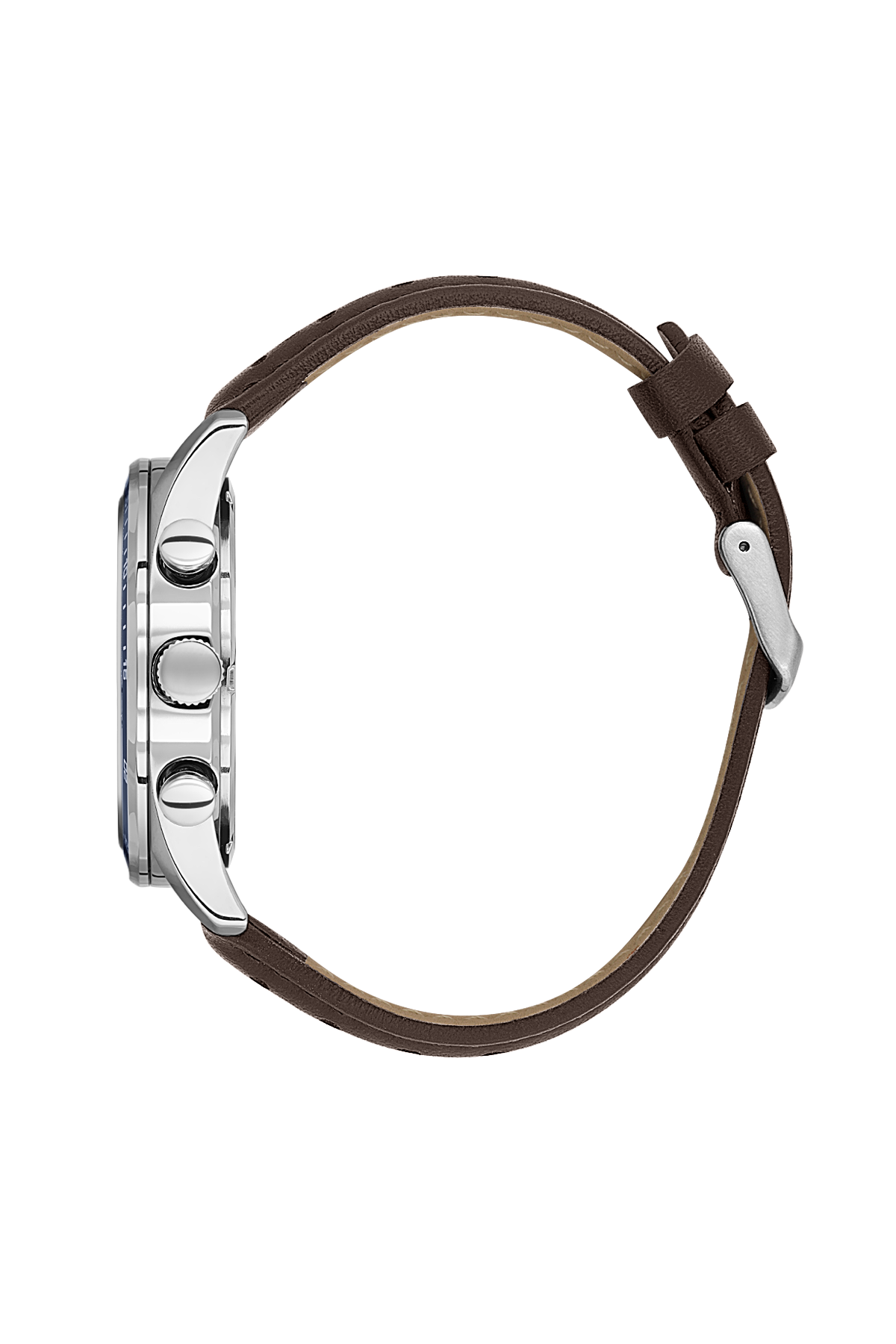 Close-up of a watch with a brown leather strap on a white background