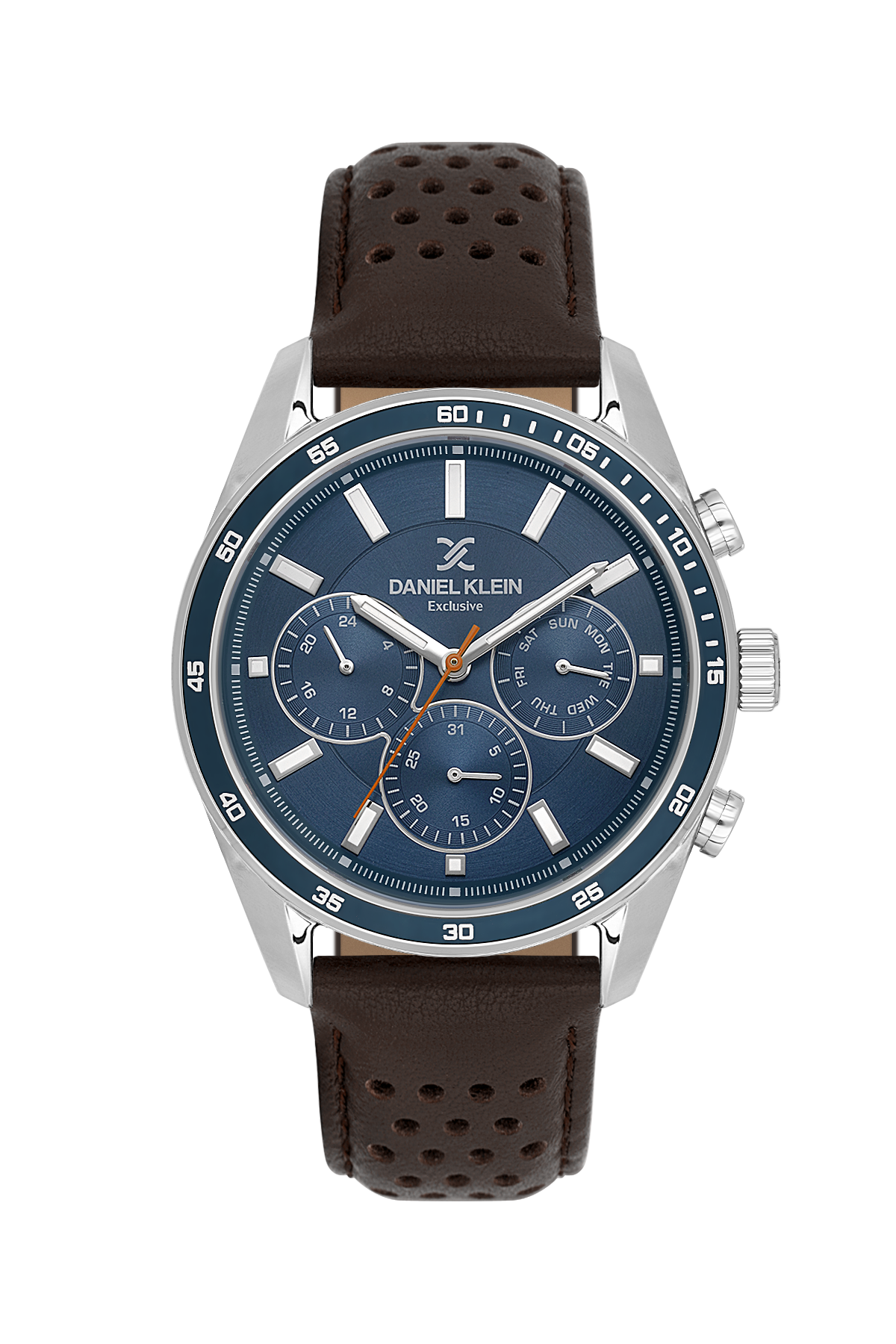 Wristwatch with a blue dial and brown leather strap on a white background