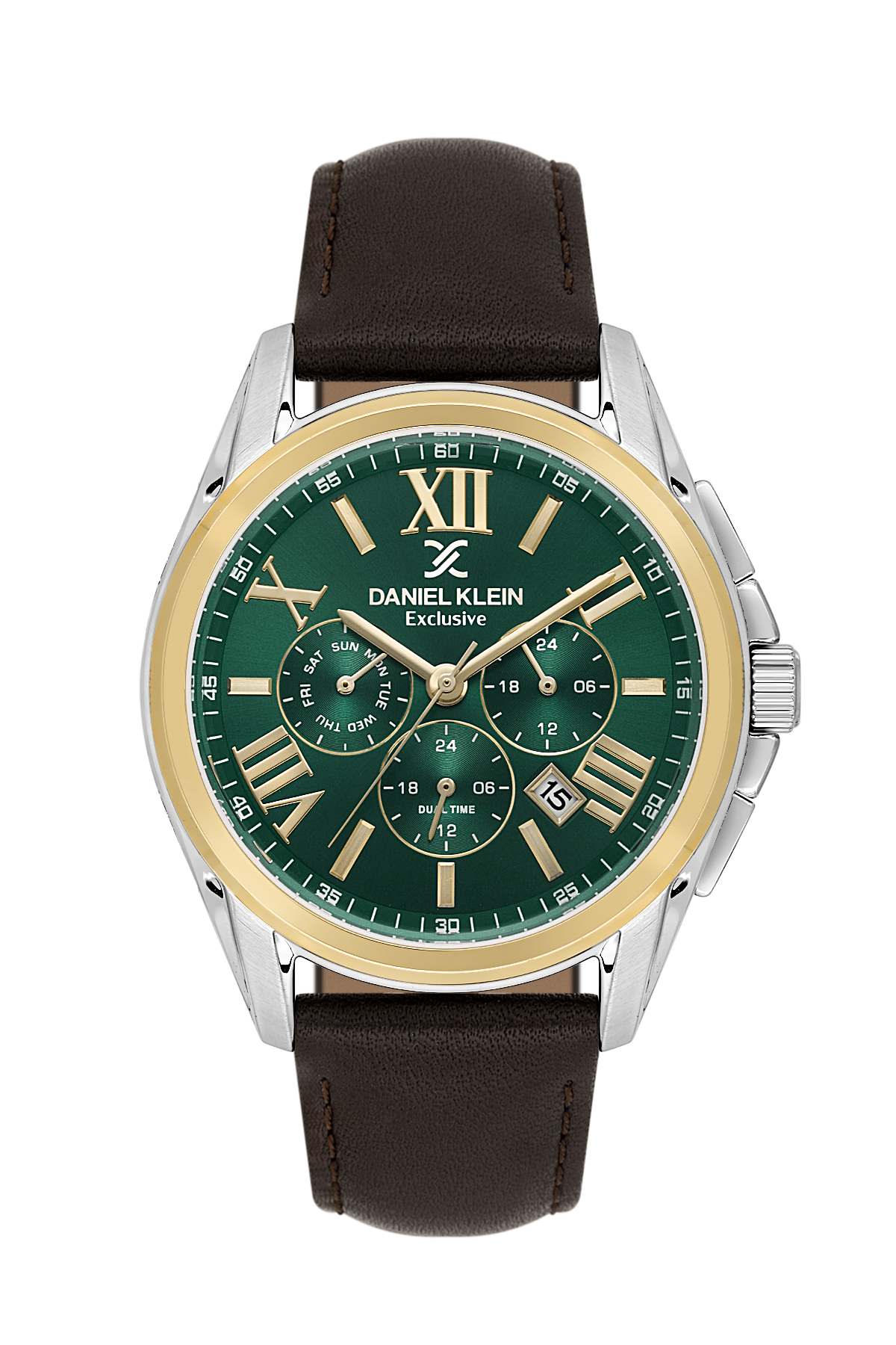 Watch with green face and brown leather strap on white background