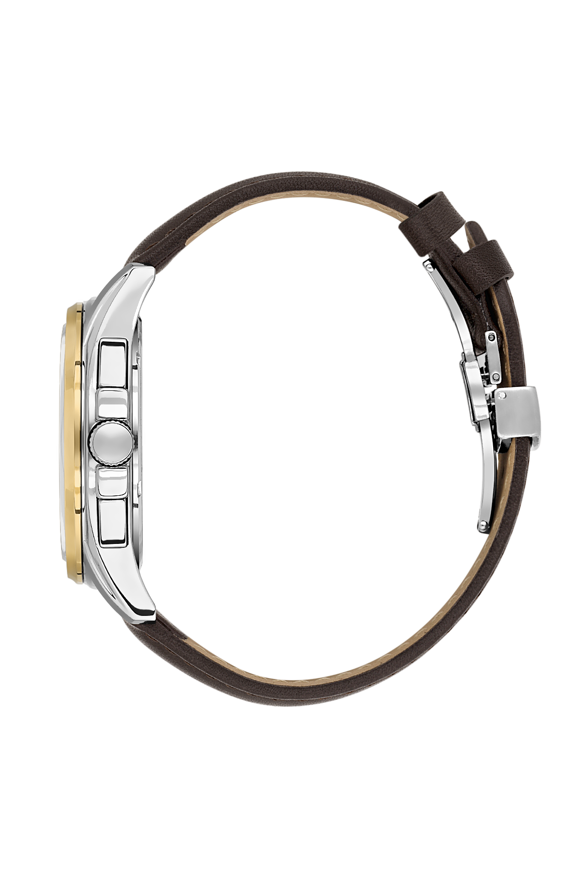 Close-up of a watch with a brown leather strap on a white background