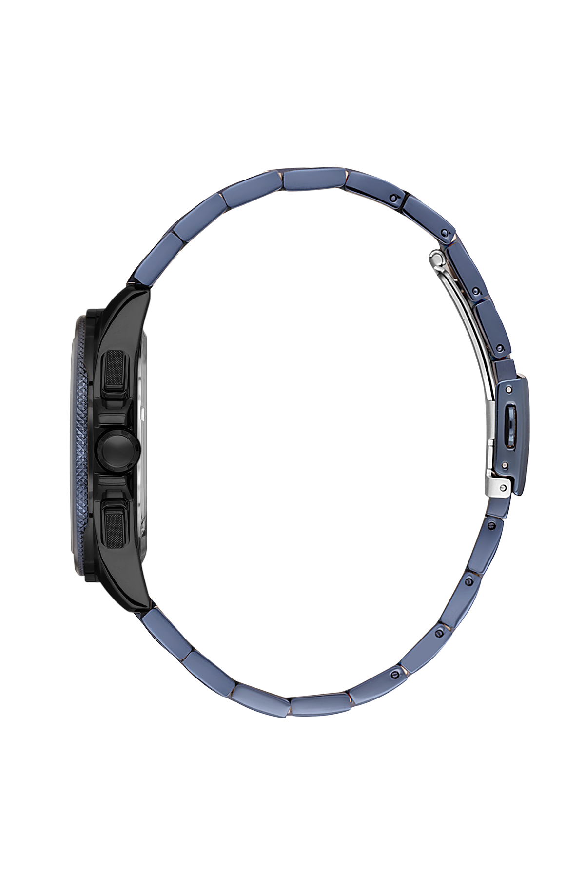 Close-up of a watch with a blue band on a white background