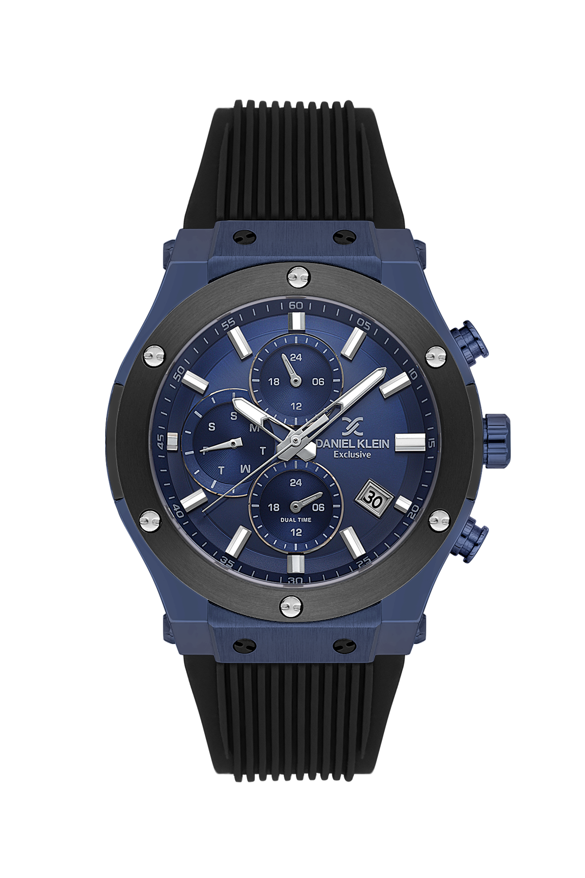Blue watch with black accents on a white background