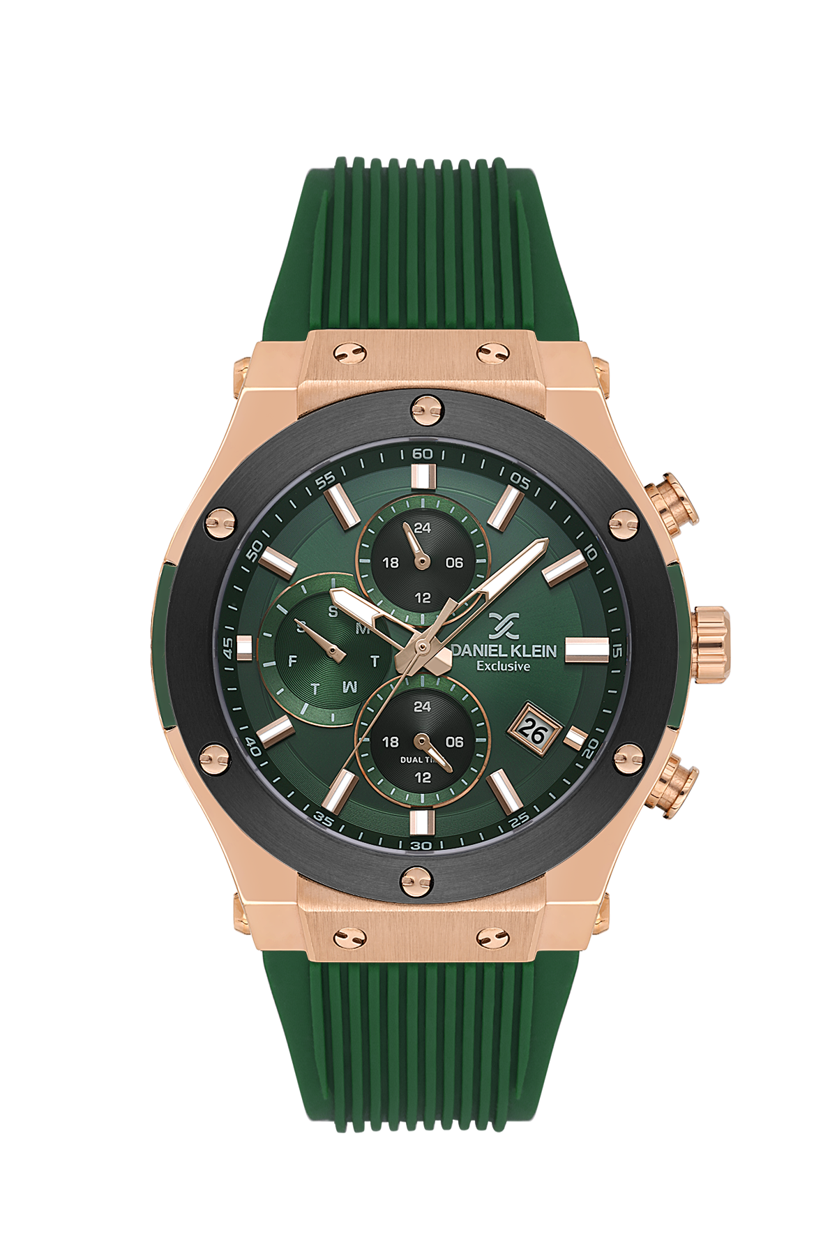 Green watch with rose gold case and green strap on white background