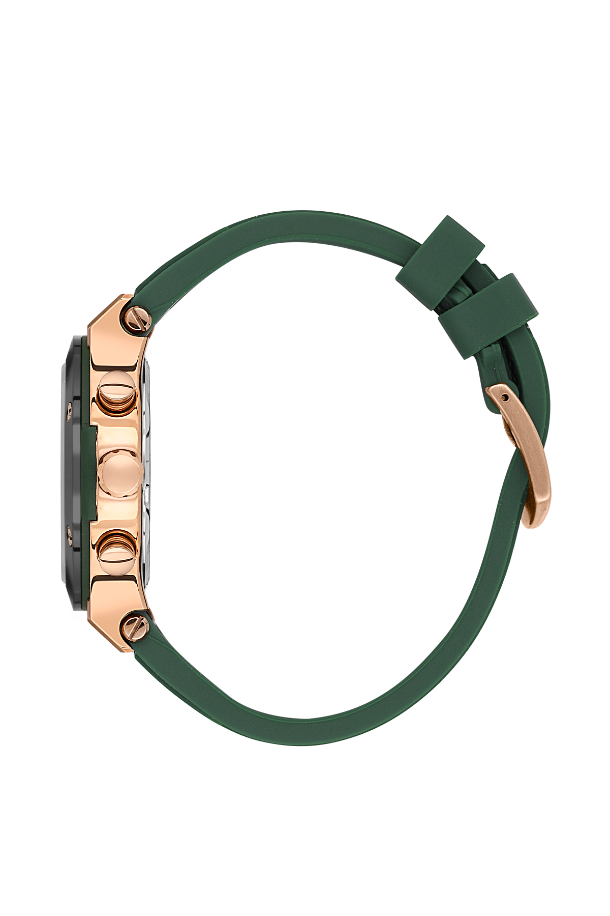 Watch with green strap and rose gold case on a white background