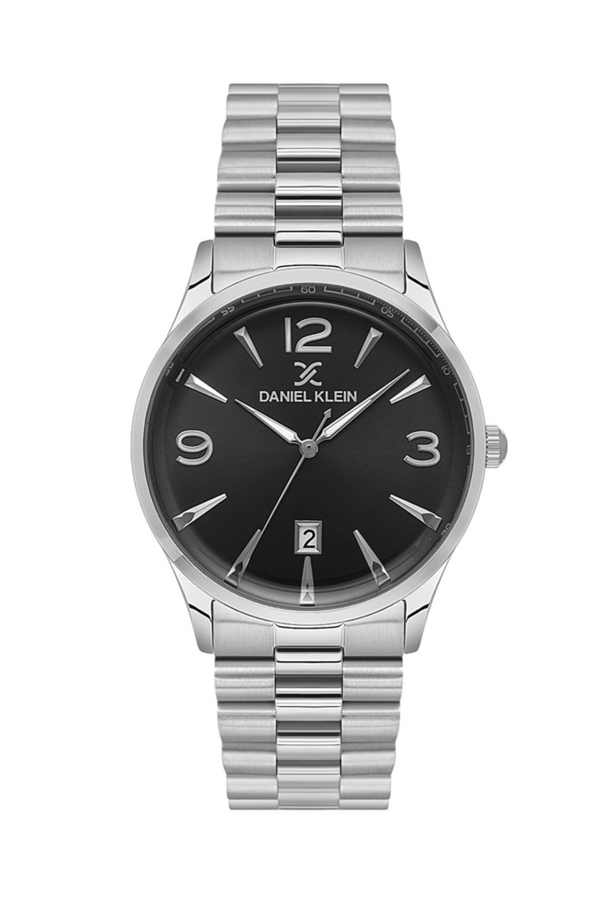 Silver watch with black dial on a white background