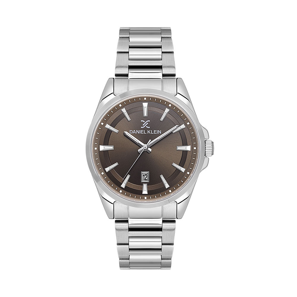 Silver watch with a brown dial on a white background