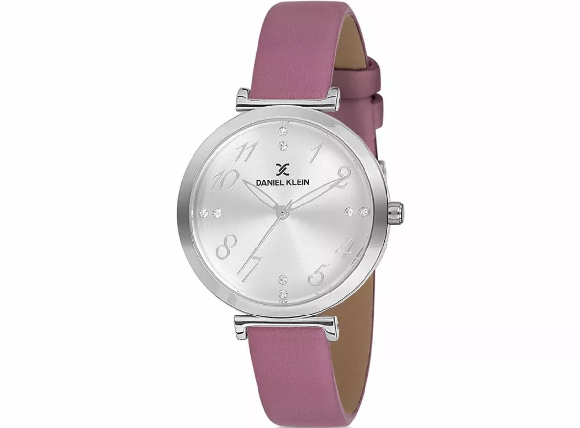 Wristwatch with pink strap and silver case on a white background