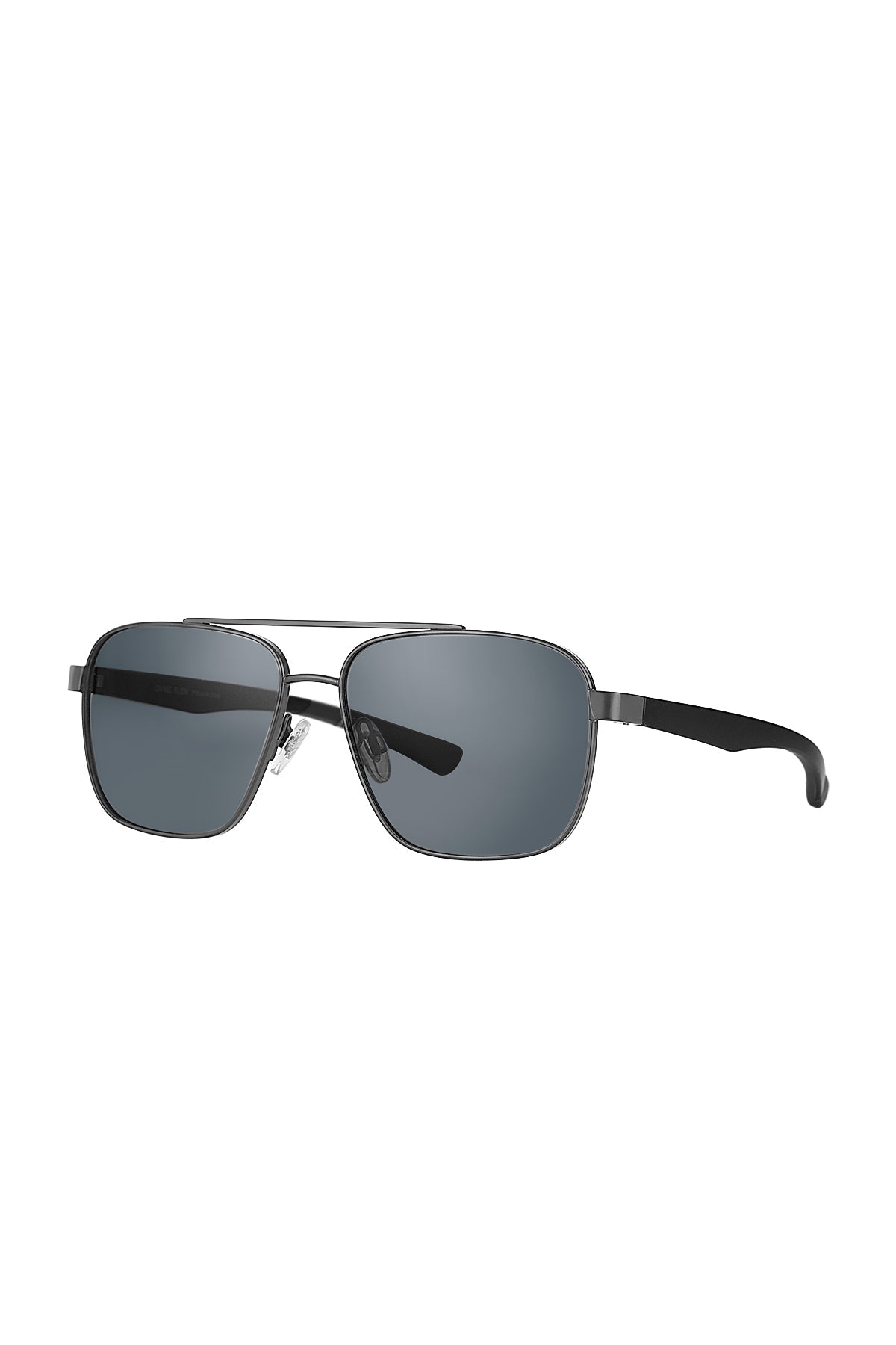 Sunglasses with black frame and dark lenses on a white background