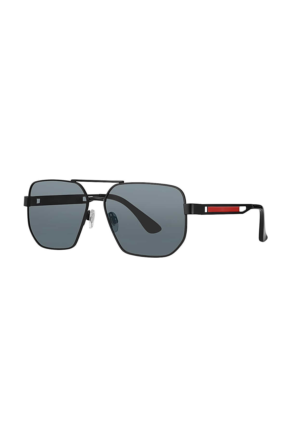 Aviator sunglasses with a colorful logo on the bridge against a white background