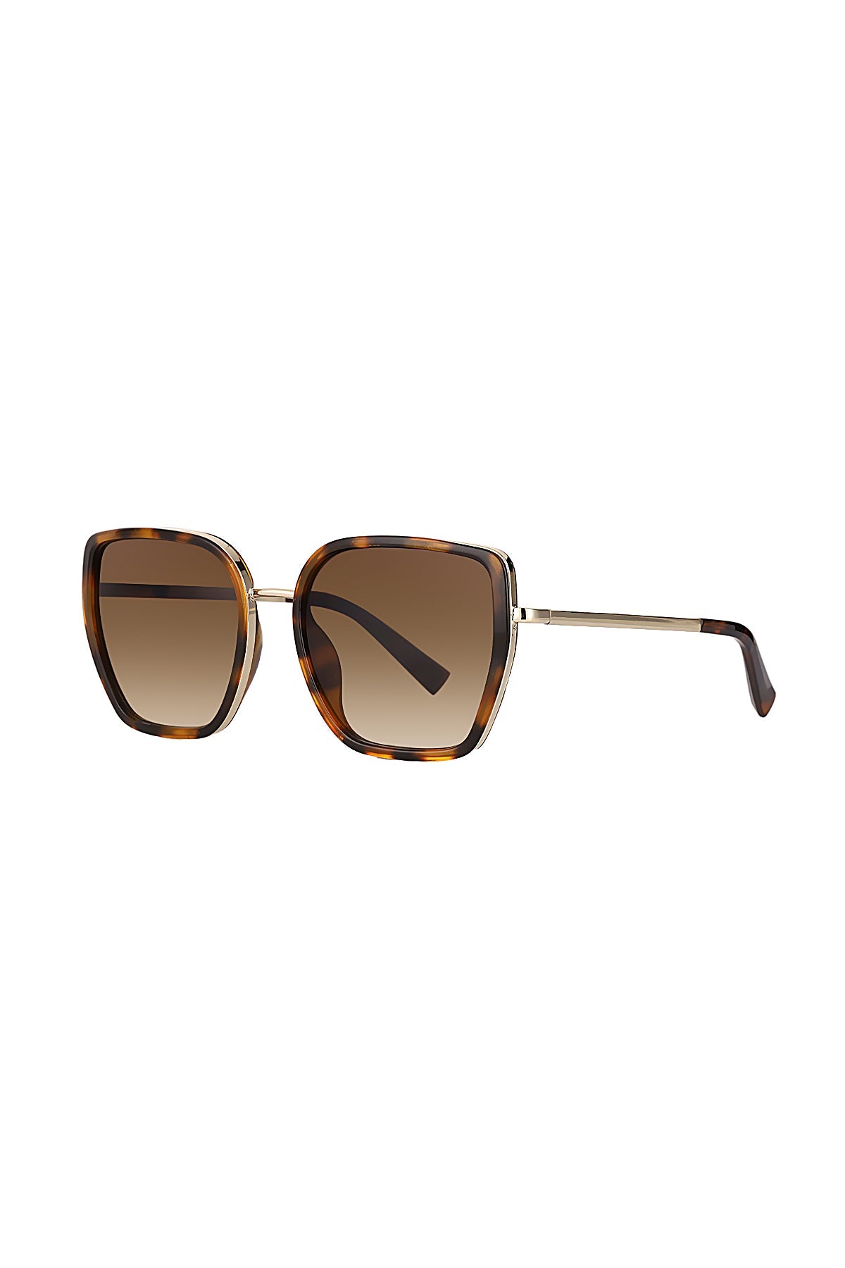 Sunglasses with tortoiseshell frame and gradient lenses on a white background