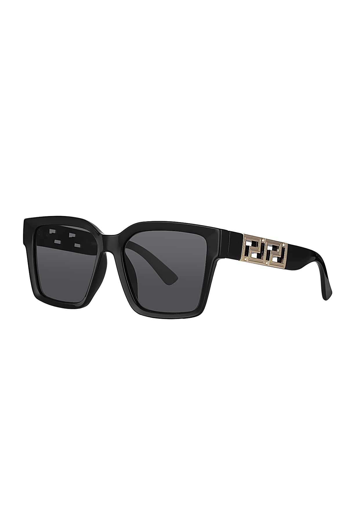 Black sunglasses with a gold logo on a white background