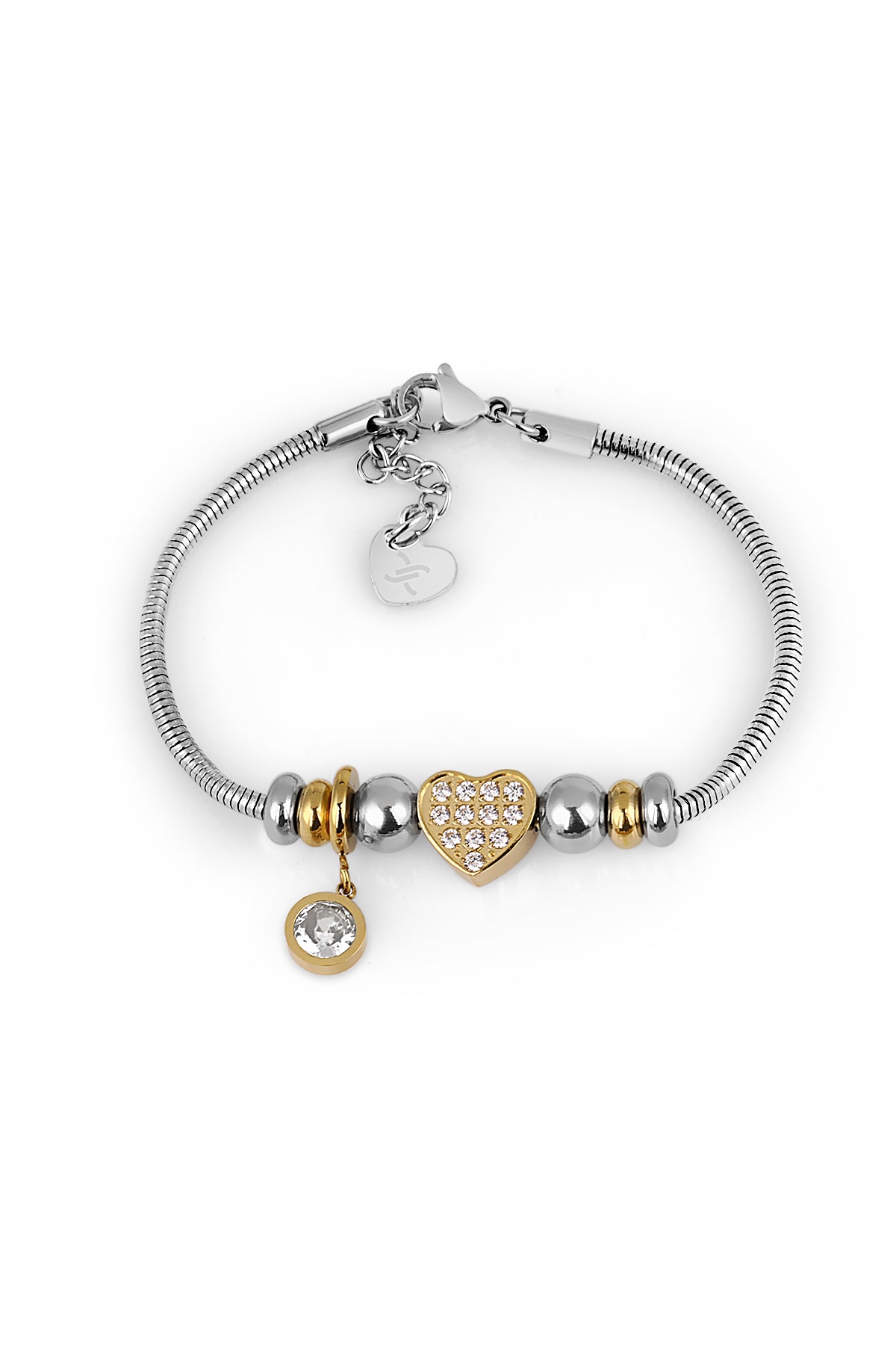 Bracelet with heart-shaped charm and other decorative elements on a white background