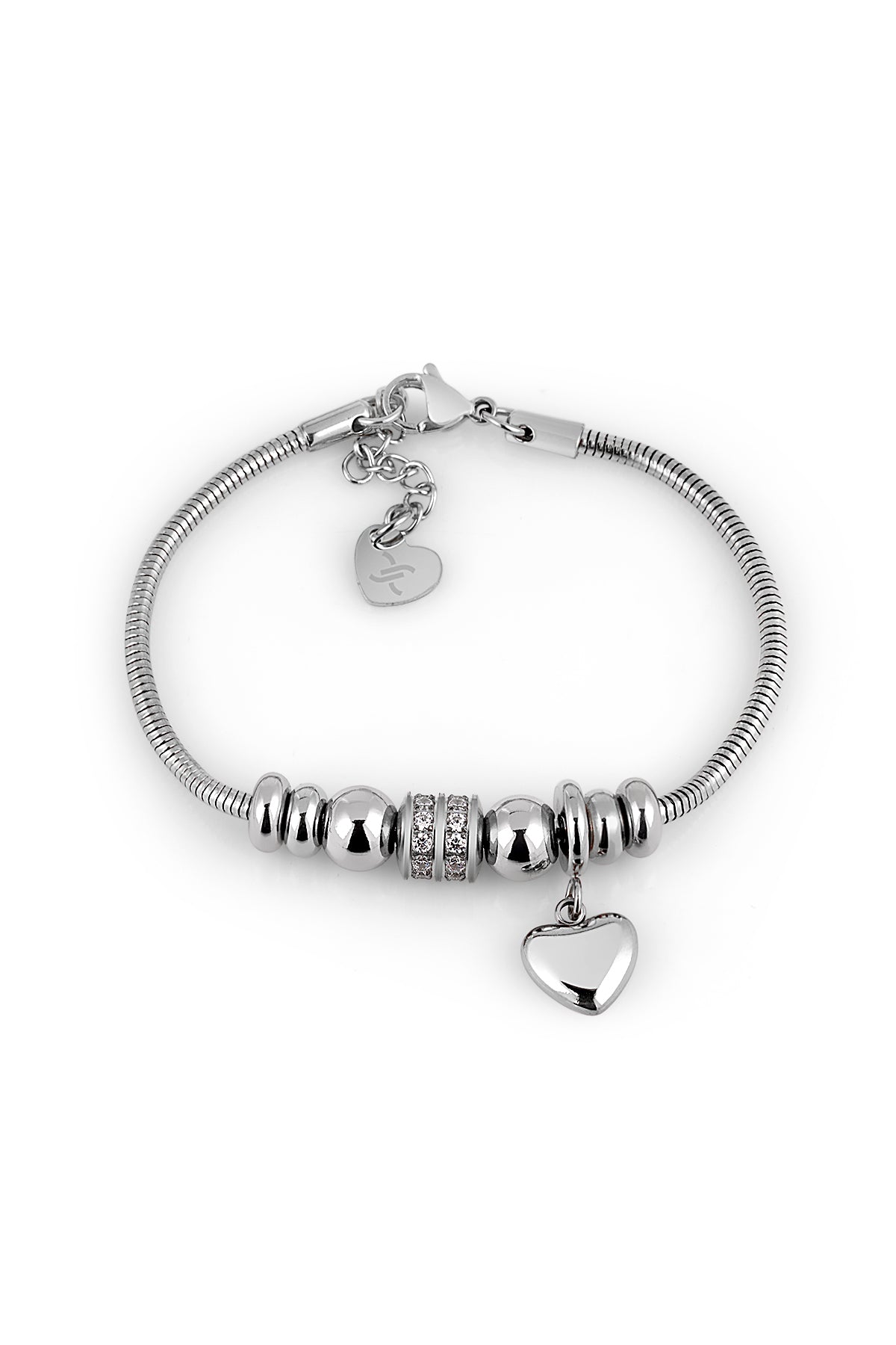 Silver bracelet with heart-shaped charm on a white background