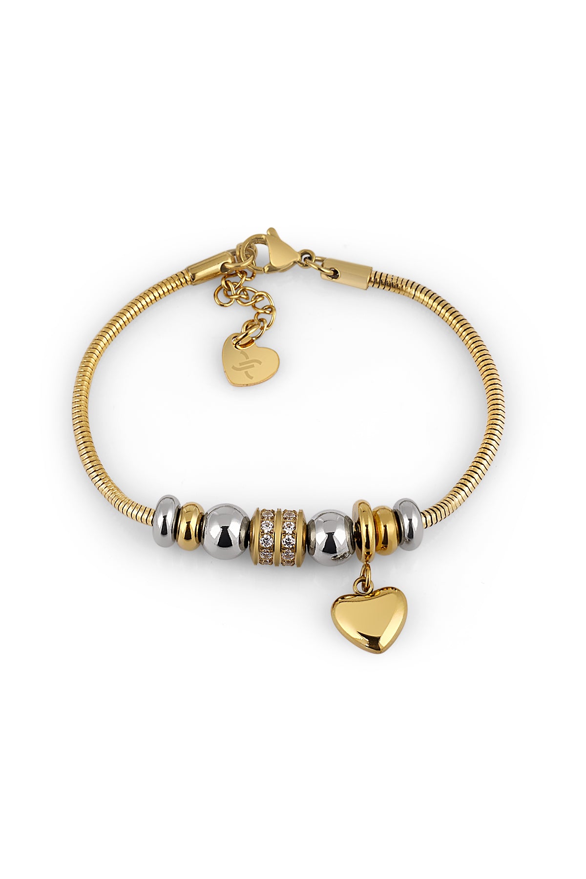 Gold bracelet with heart charms on a white background