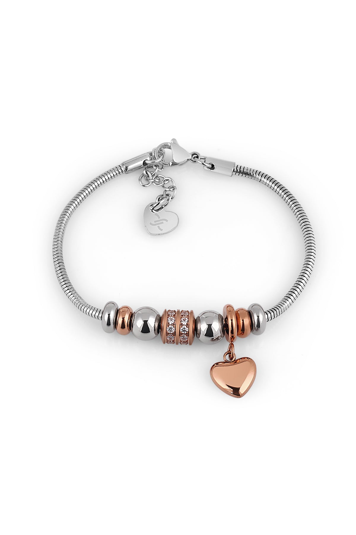 Bracelet with heart charm and various beads on a white background