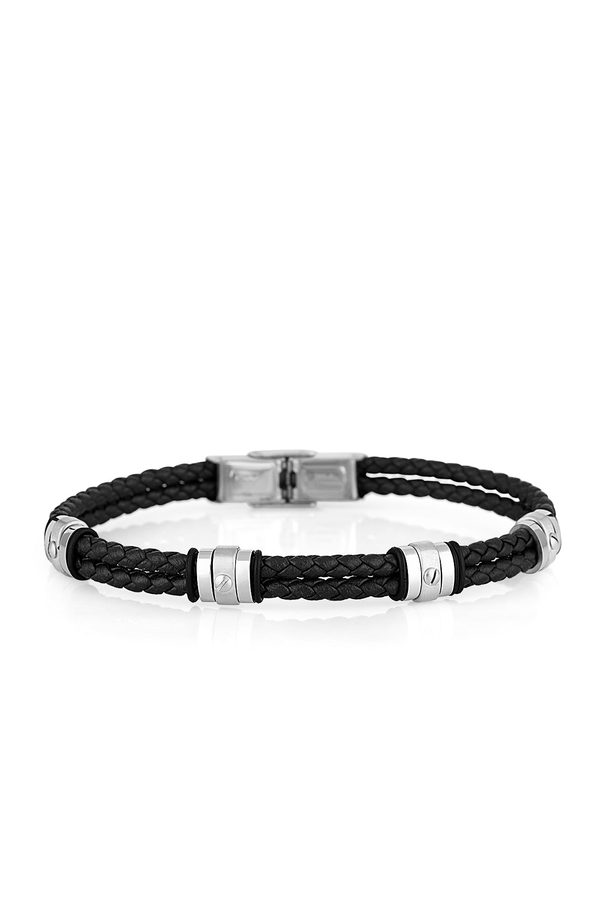 Black braided bracelet with silver beads on a white background