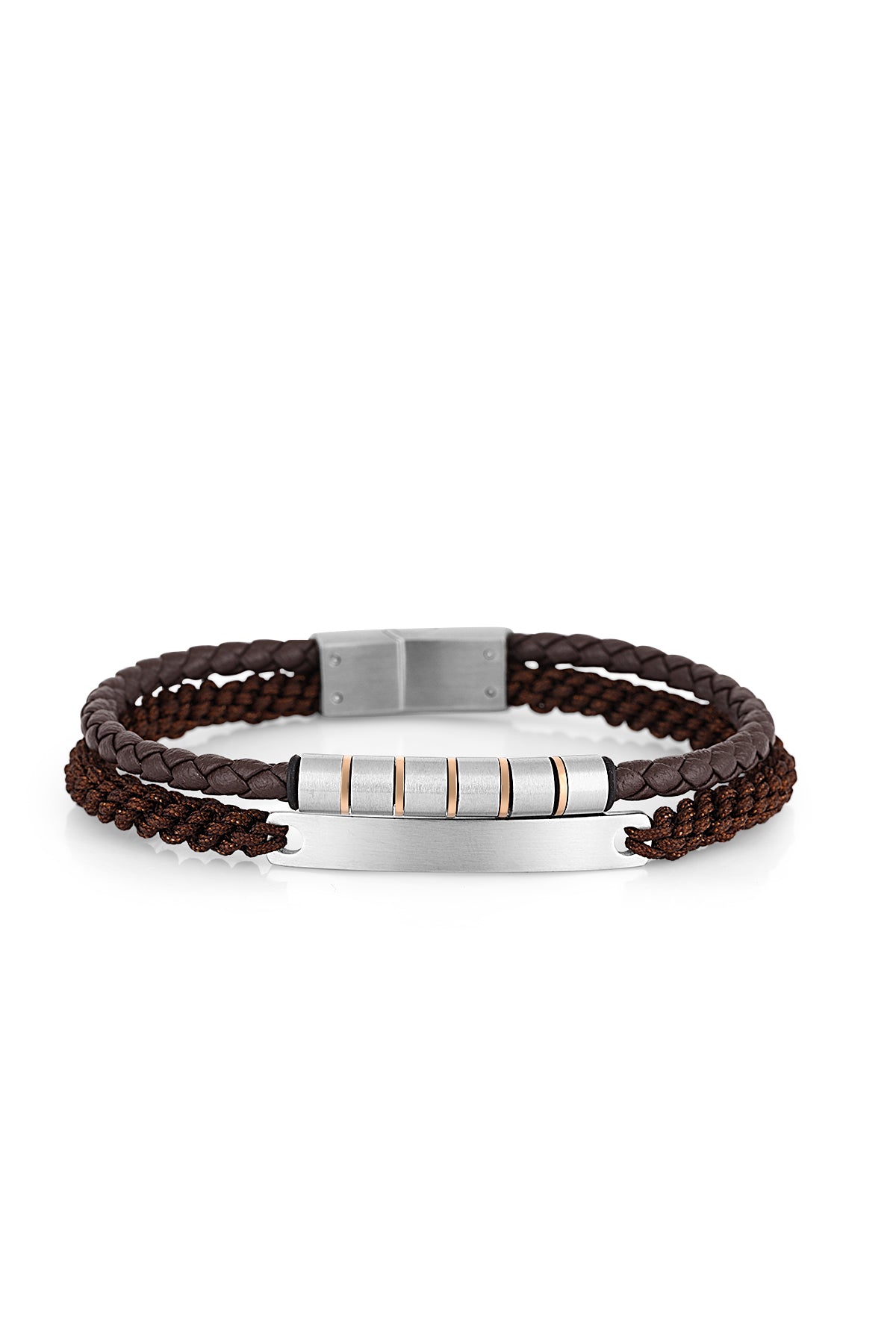 Brown leather bracelet with silver and rose gold accents on a white background