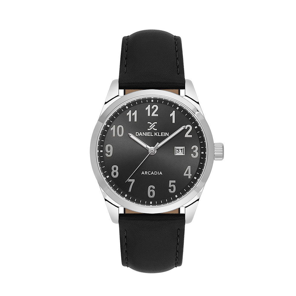 Daniel Klein watch with black leather strap and black dial on a white background