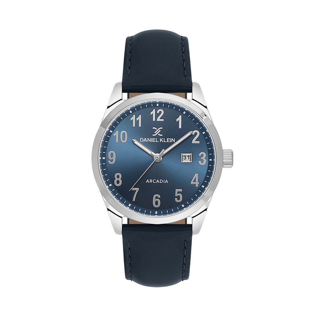 Daniel Klein watch with blue dial and leather strap on a white background