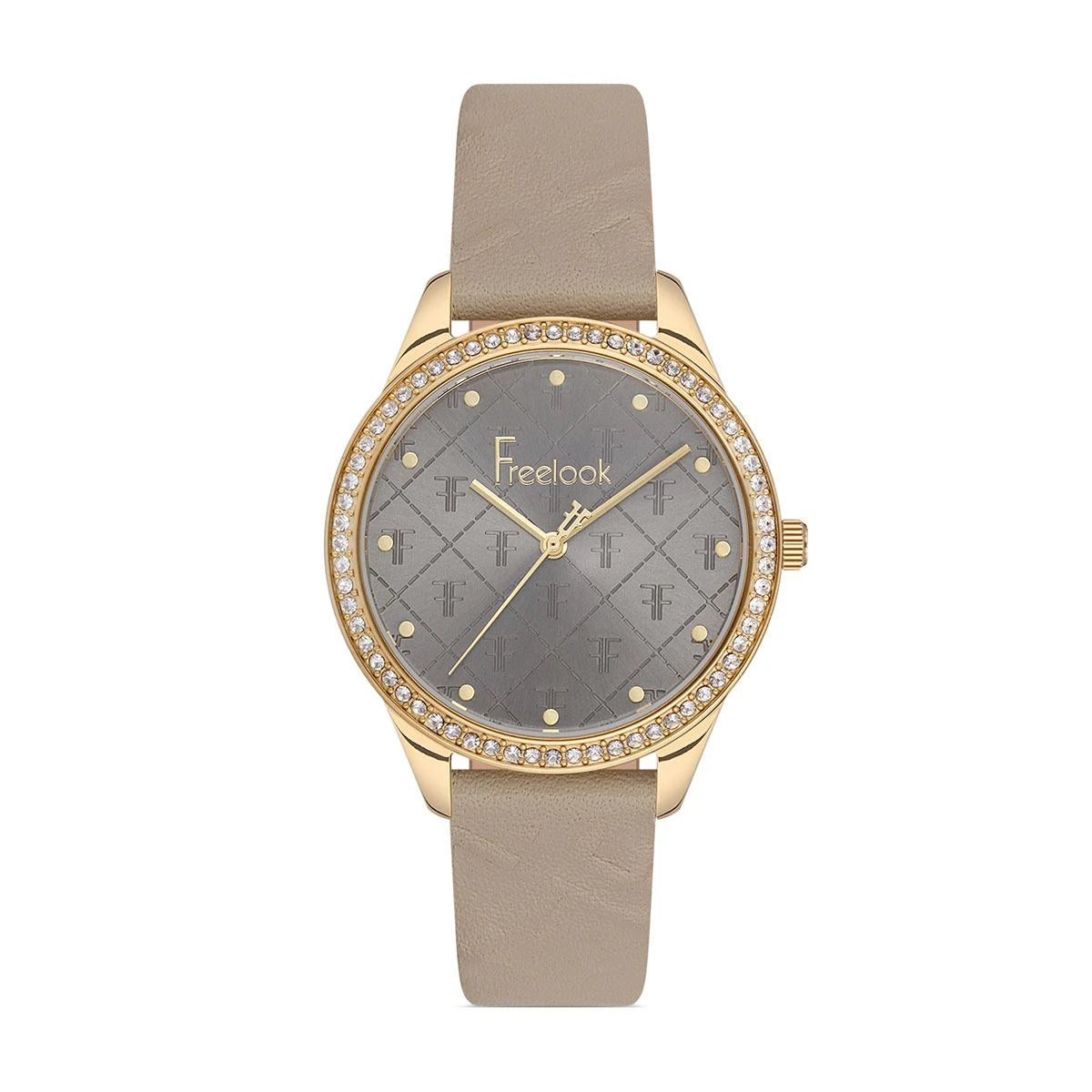 Wristwatch with gold case, gray strap, and gray dial on a white background