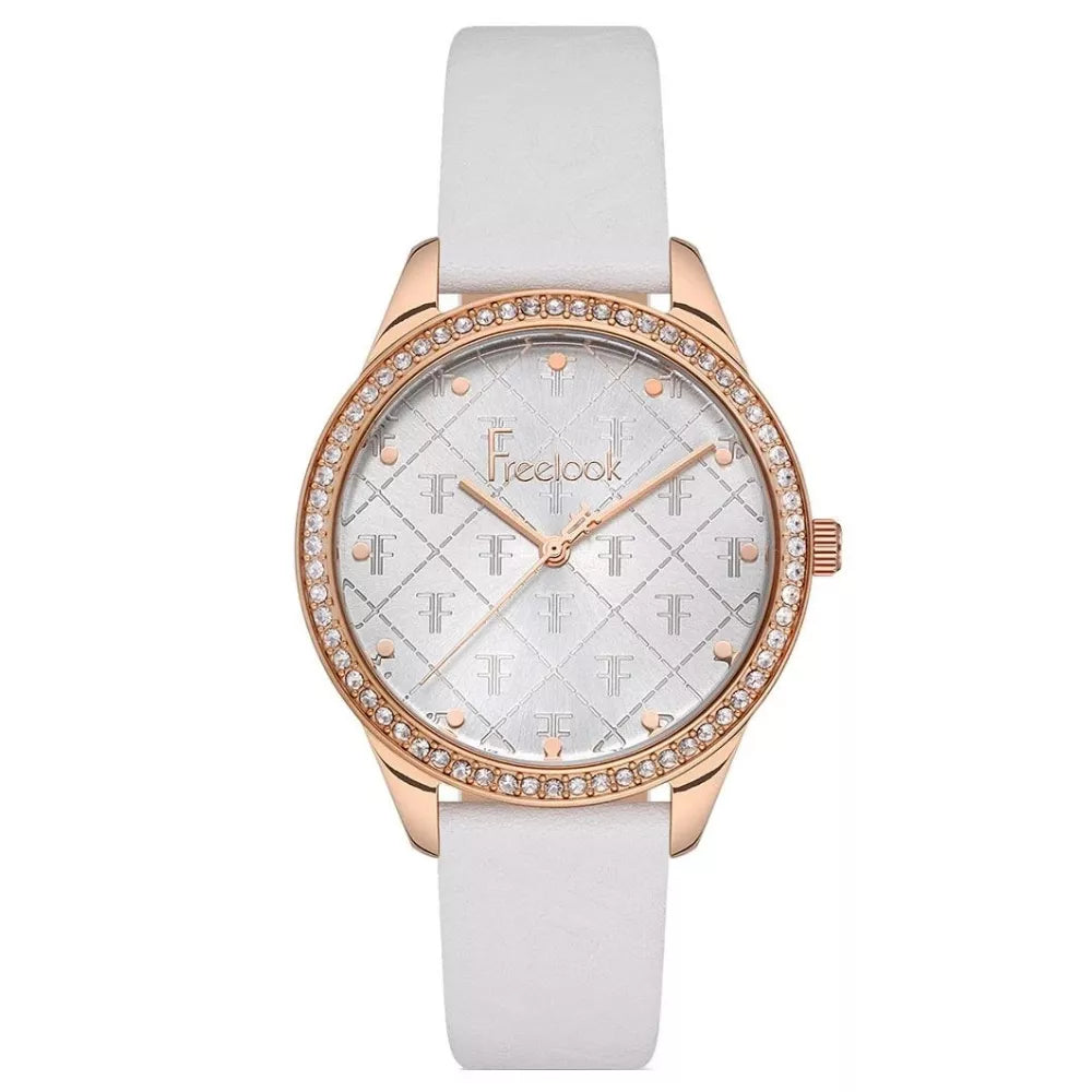 Watch with rose gold case, white strap, and diamond-studded bezel on a white background