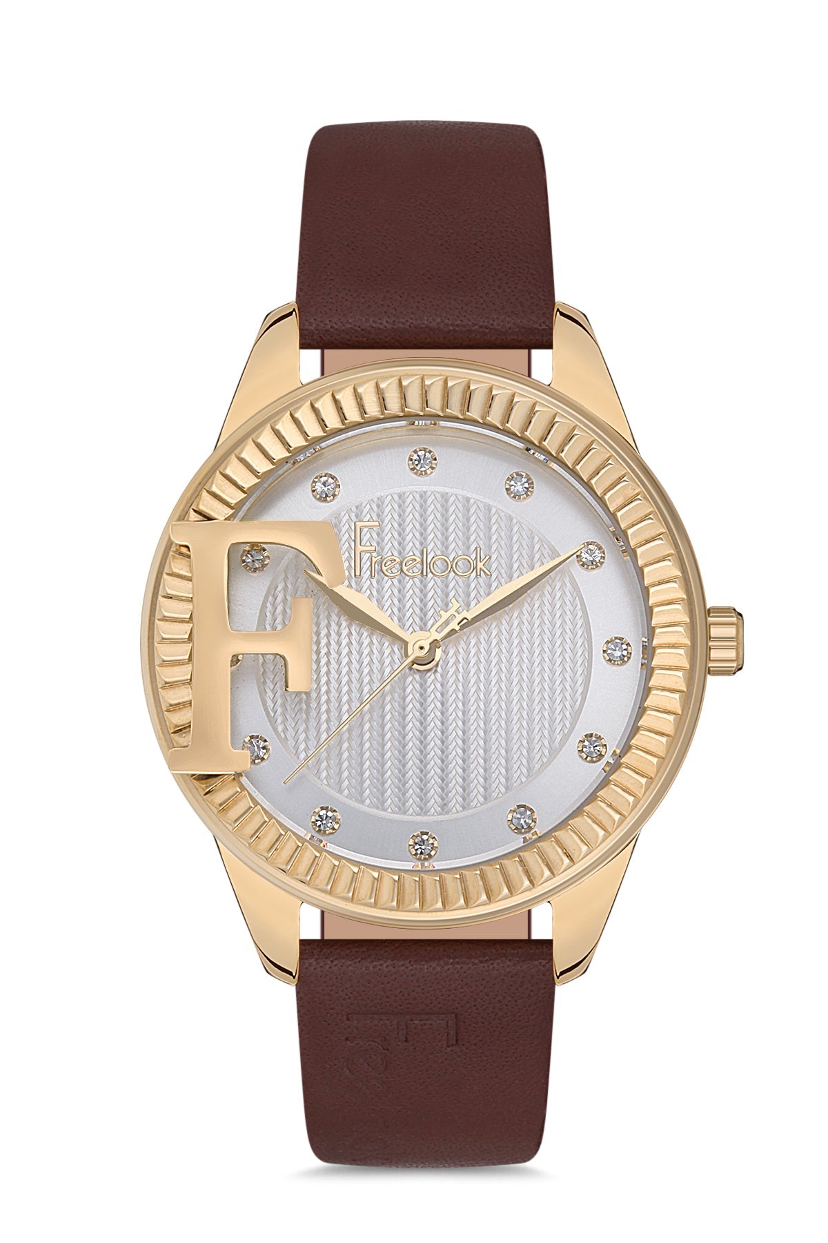 Gold watch with a brown leather strap on a white background