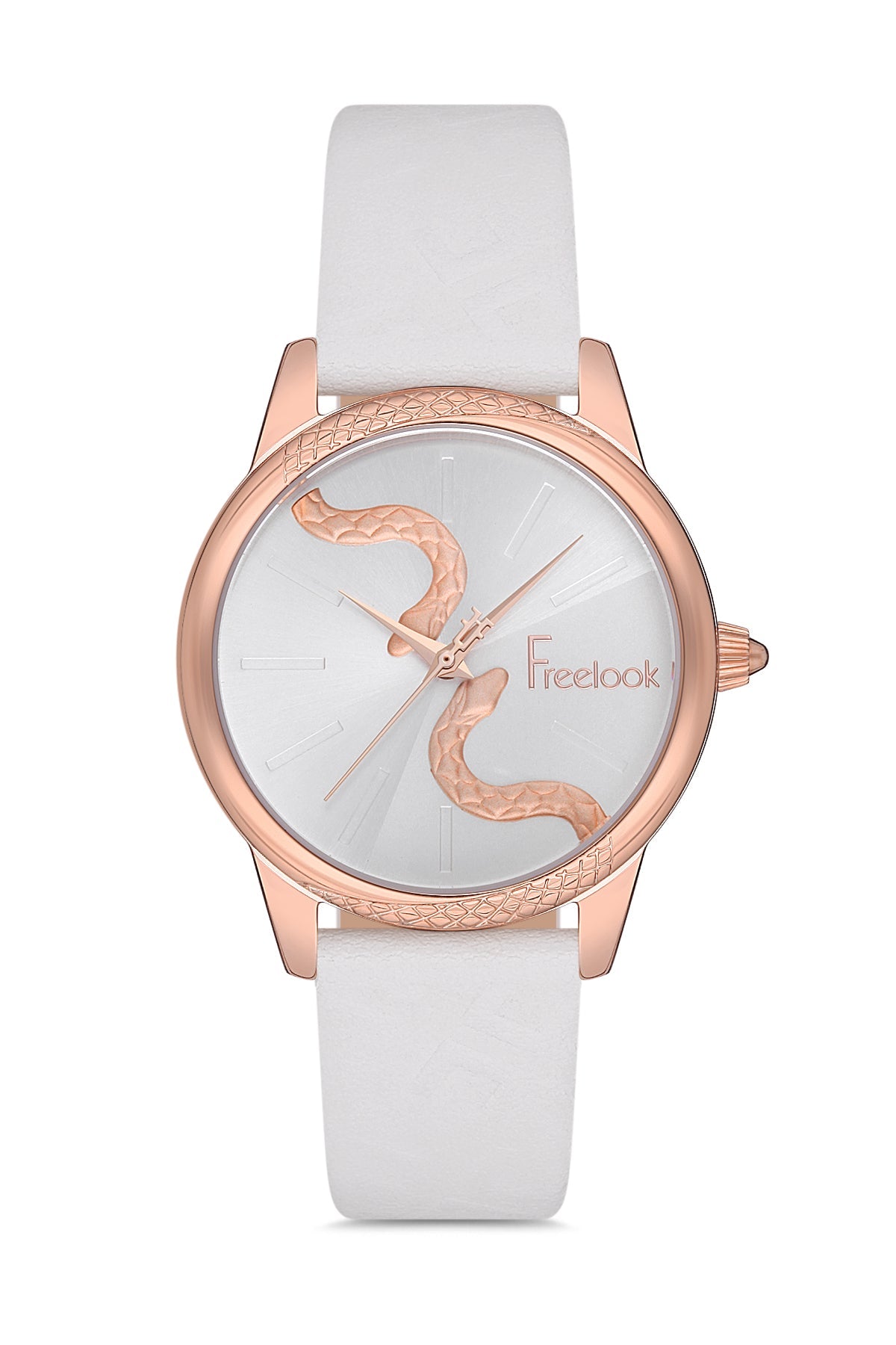 Watch with rose gold case and white strap on a white background