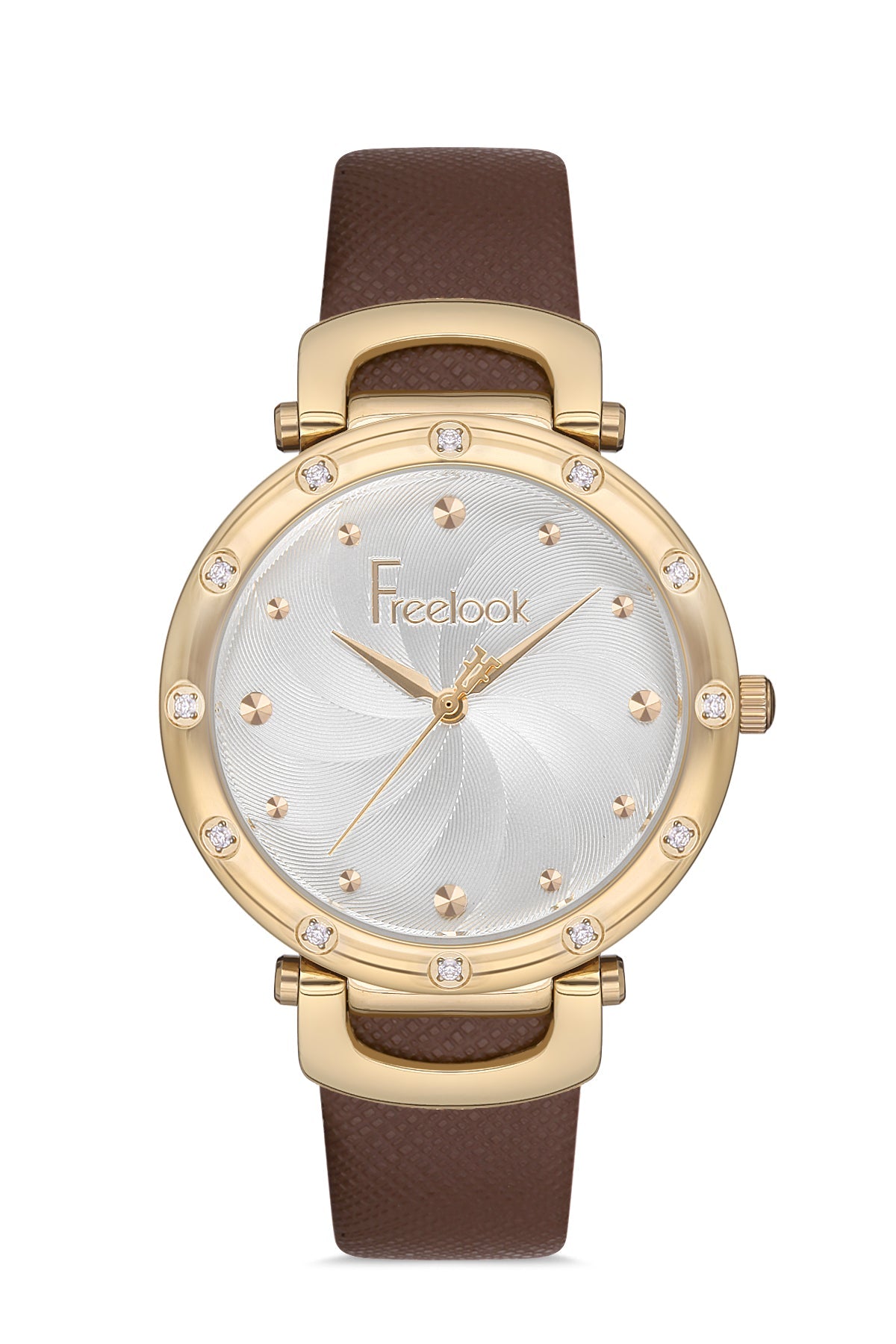 Gold watch with a brown leather strap on a white background