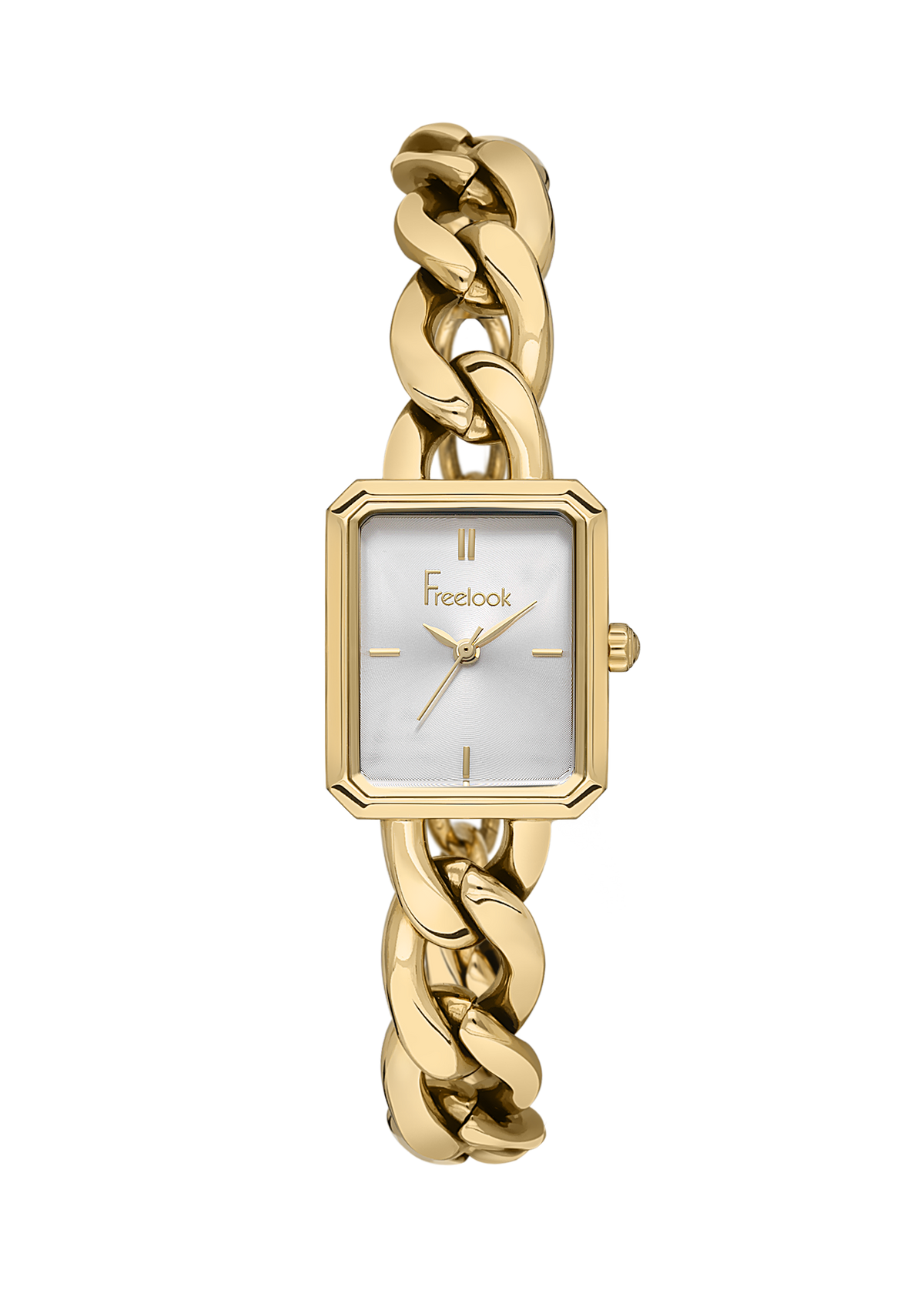 A gold-tone women's watch with a rectangular white dial and a thick interlocking curb link bracelet, shown on a plain white background.