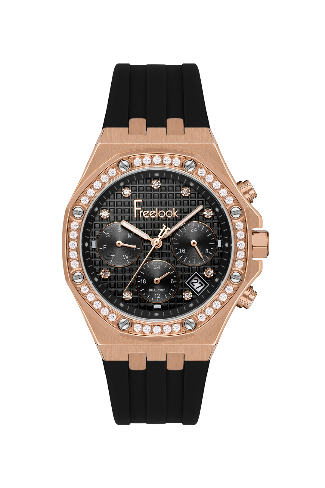 Luxury watch with rose gold case, black dial, and black rubber strap on white background