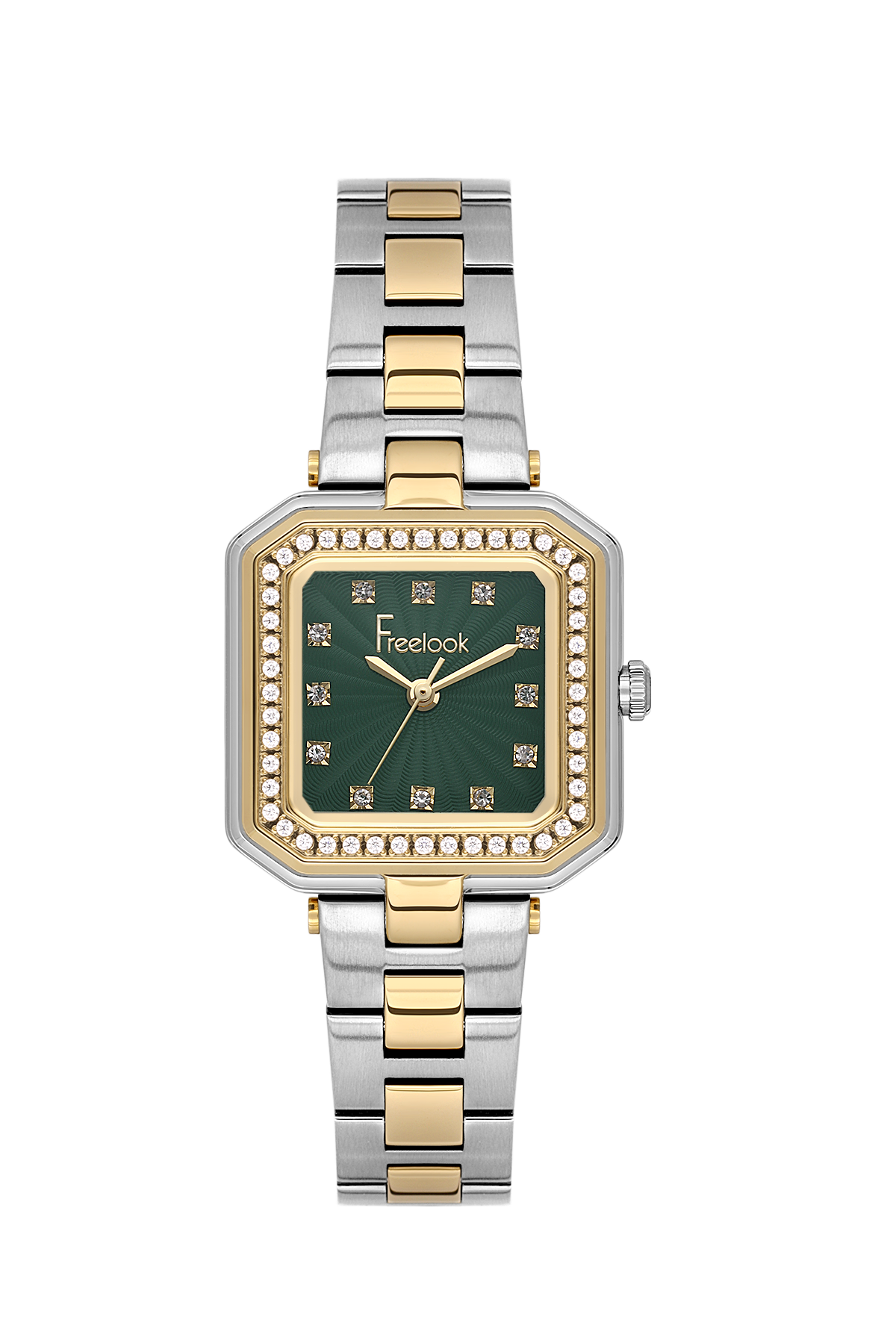 Two-tone watch with a green face on a white background