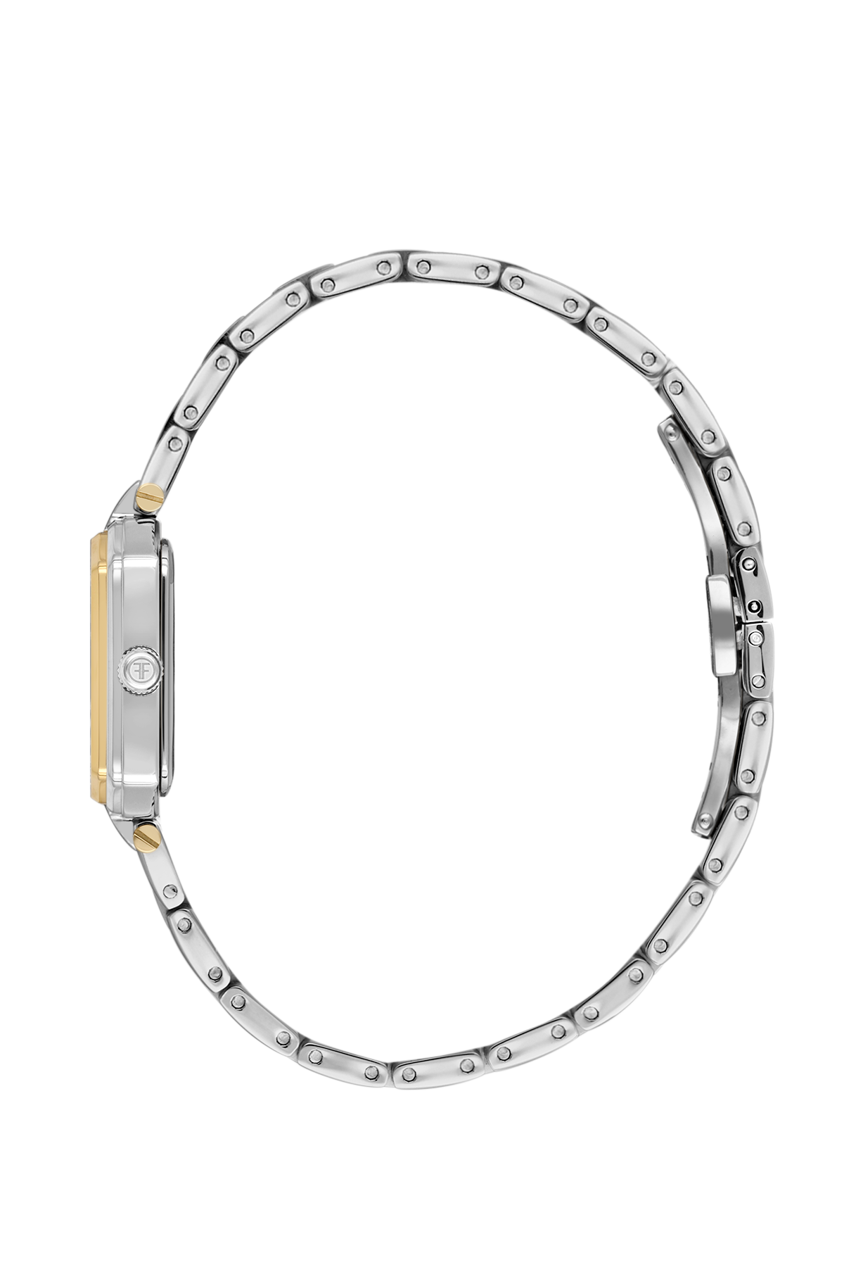 Silver watch with a gold accent on a white background