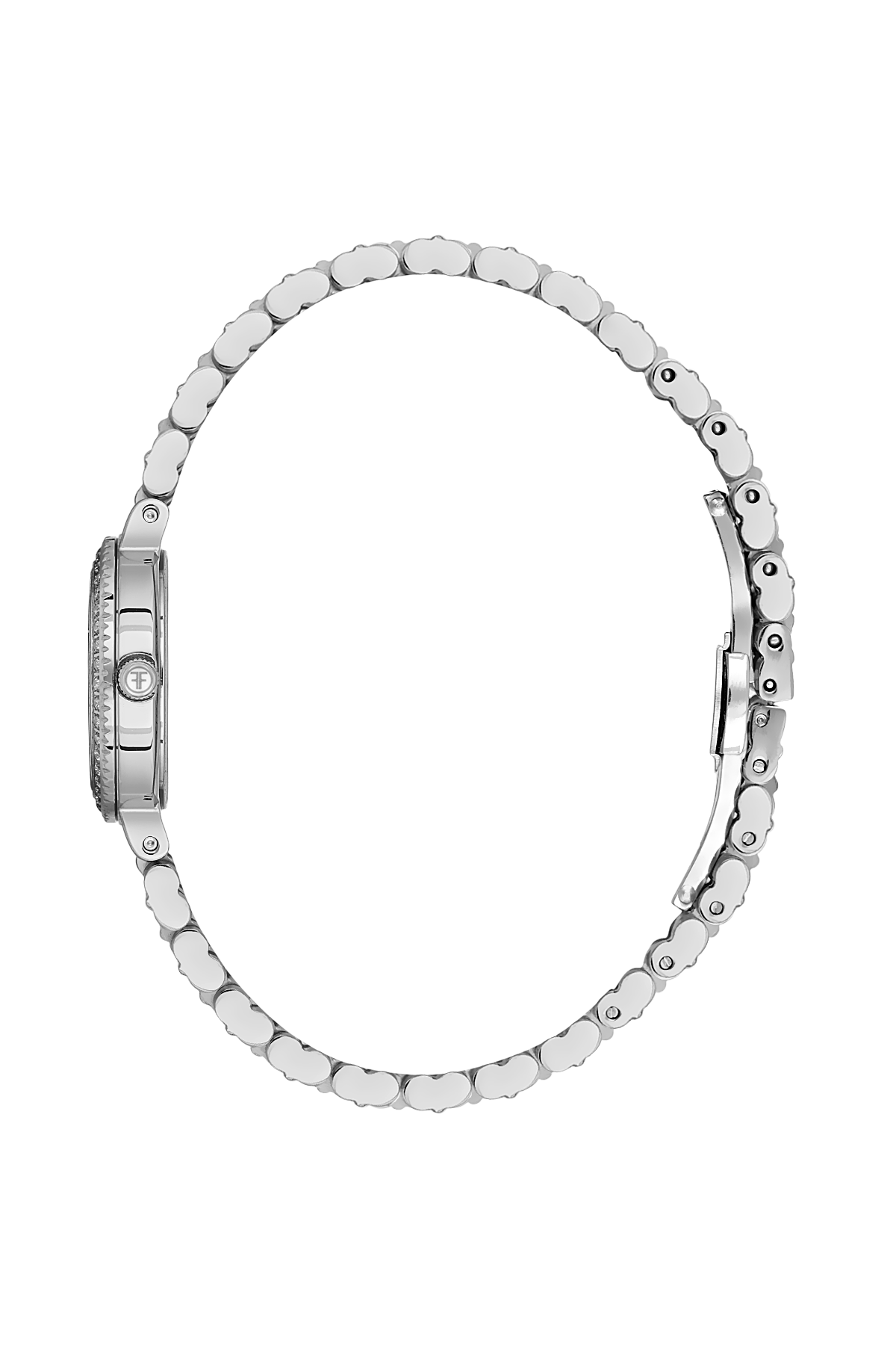 Close-up of a silver watch with a beaded bracelet on a white background