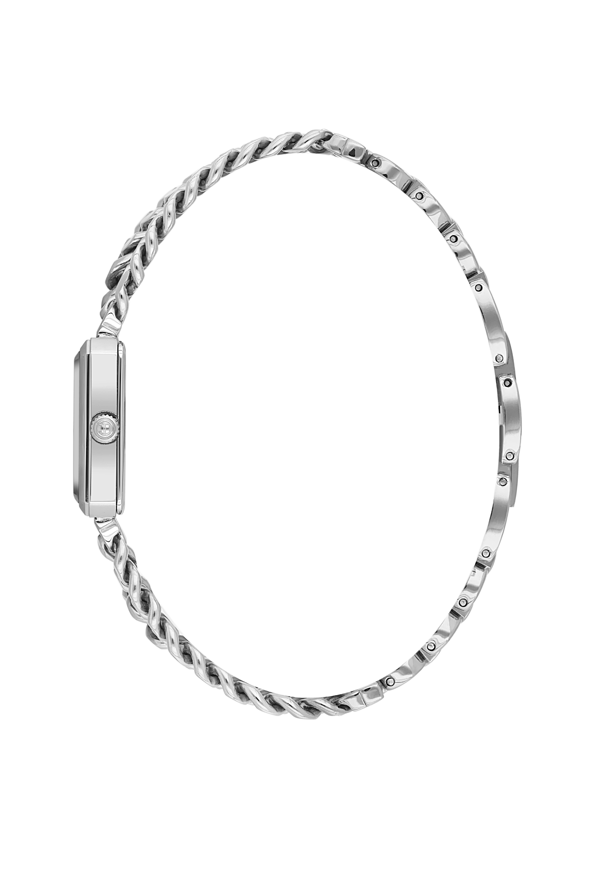 Silver bracelet with braided design on a white background