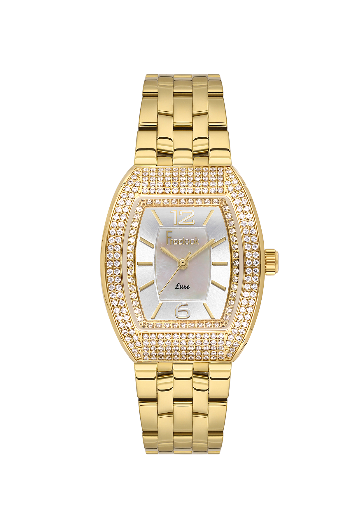 Gold wristwatch with diamond-studded bezel on a white background