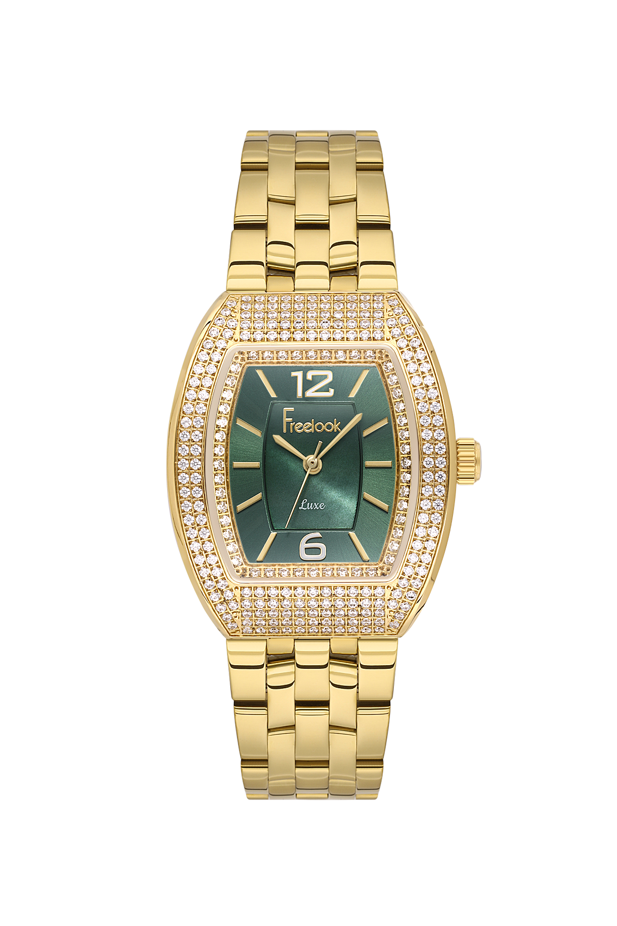 Gold wristwatch with a green face on a white background