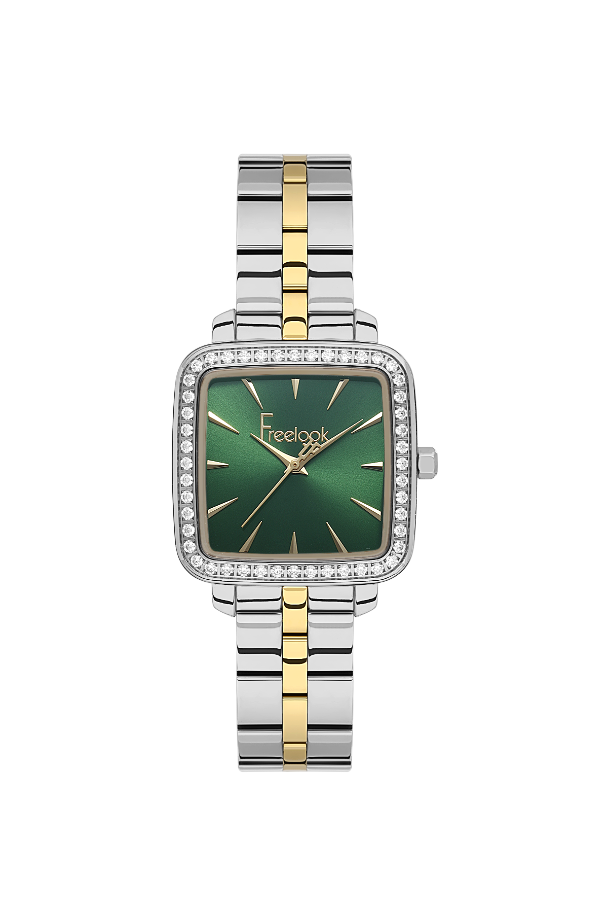 Watch with a green face and two-tone metal band on a white background