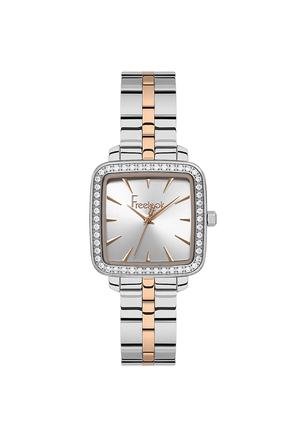 Silver and rose gold watch with a square face on a white background