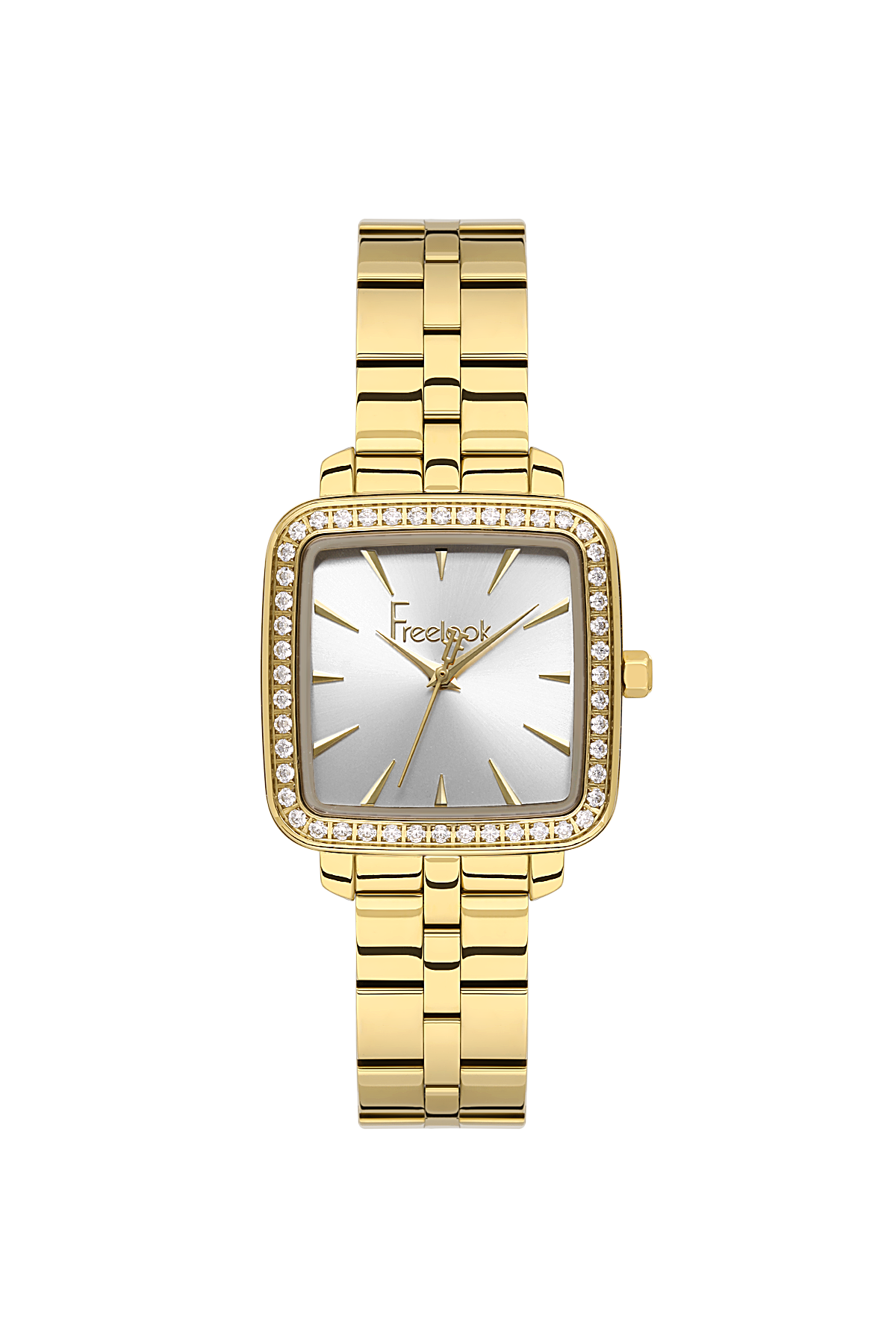 Gold wristwatch with a square face on a white background