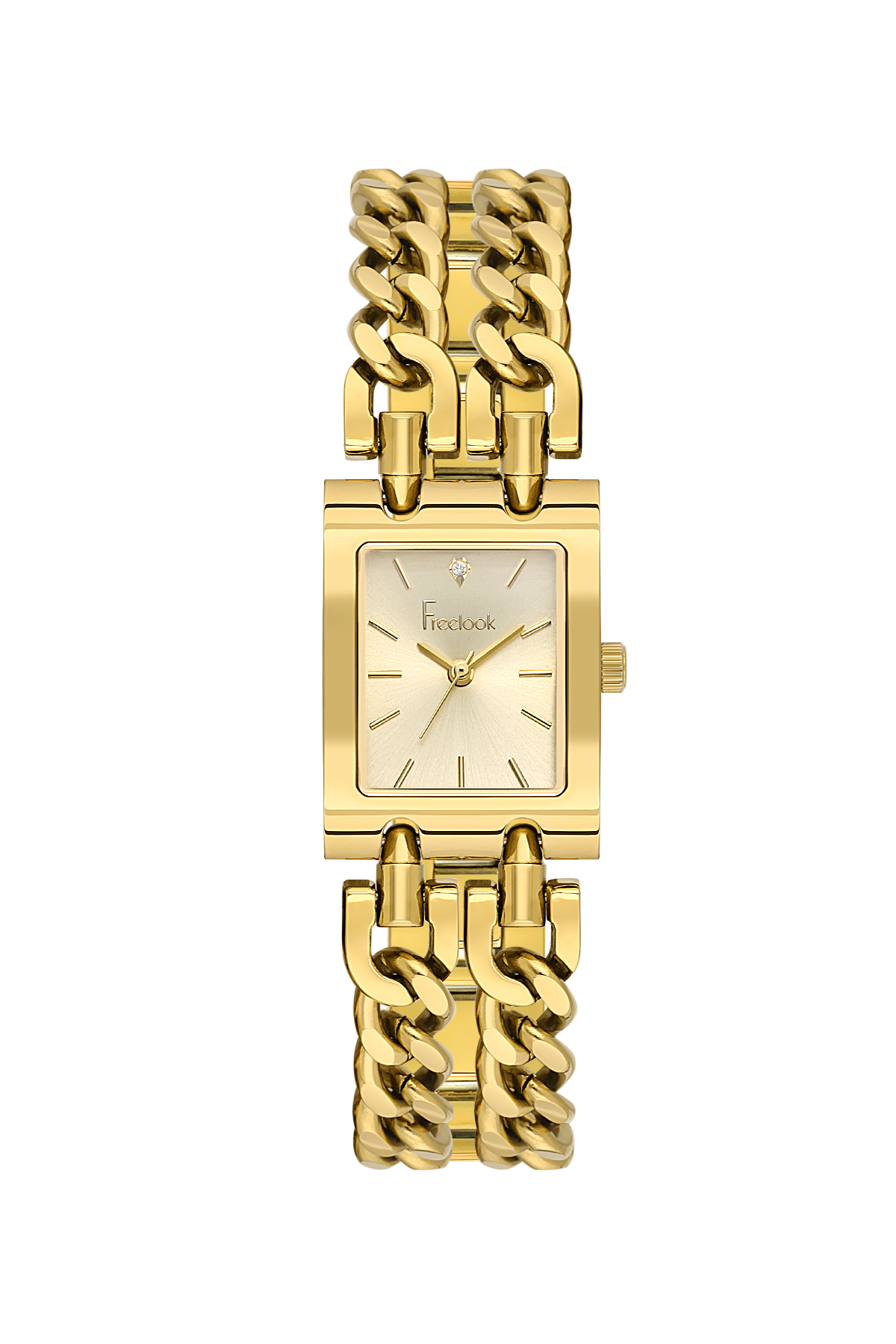 A gold-tone women's analog watch with a rectangular case, gold dial, and a double-layered curb-link bracelet, shown against a plain white background.