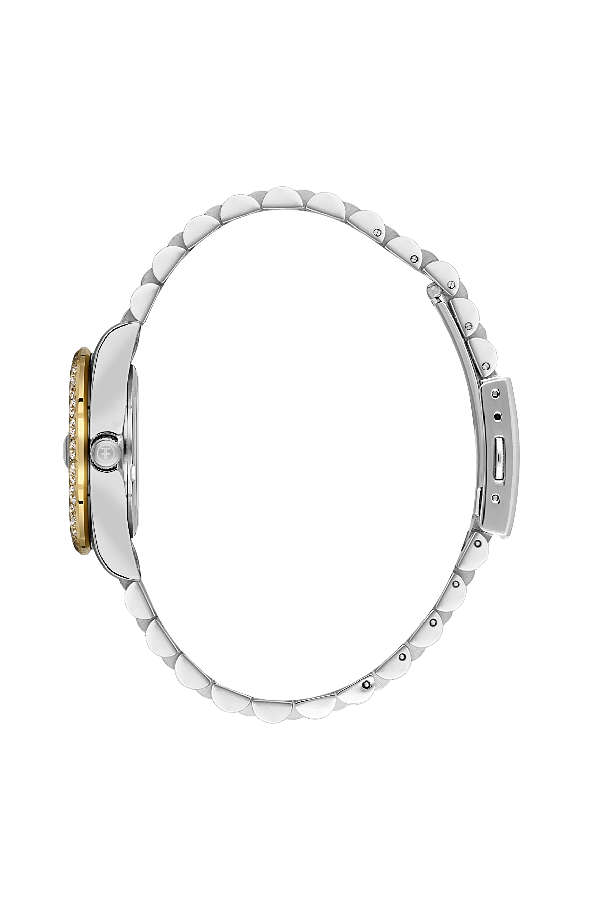 Close-up of a watch with a metallic band on a white background