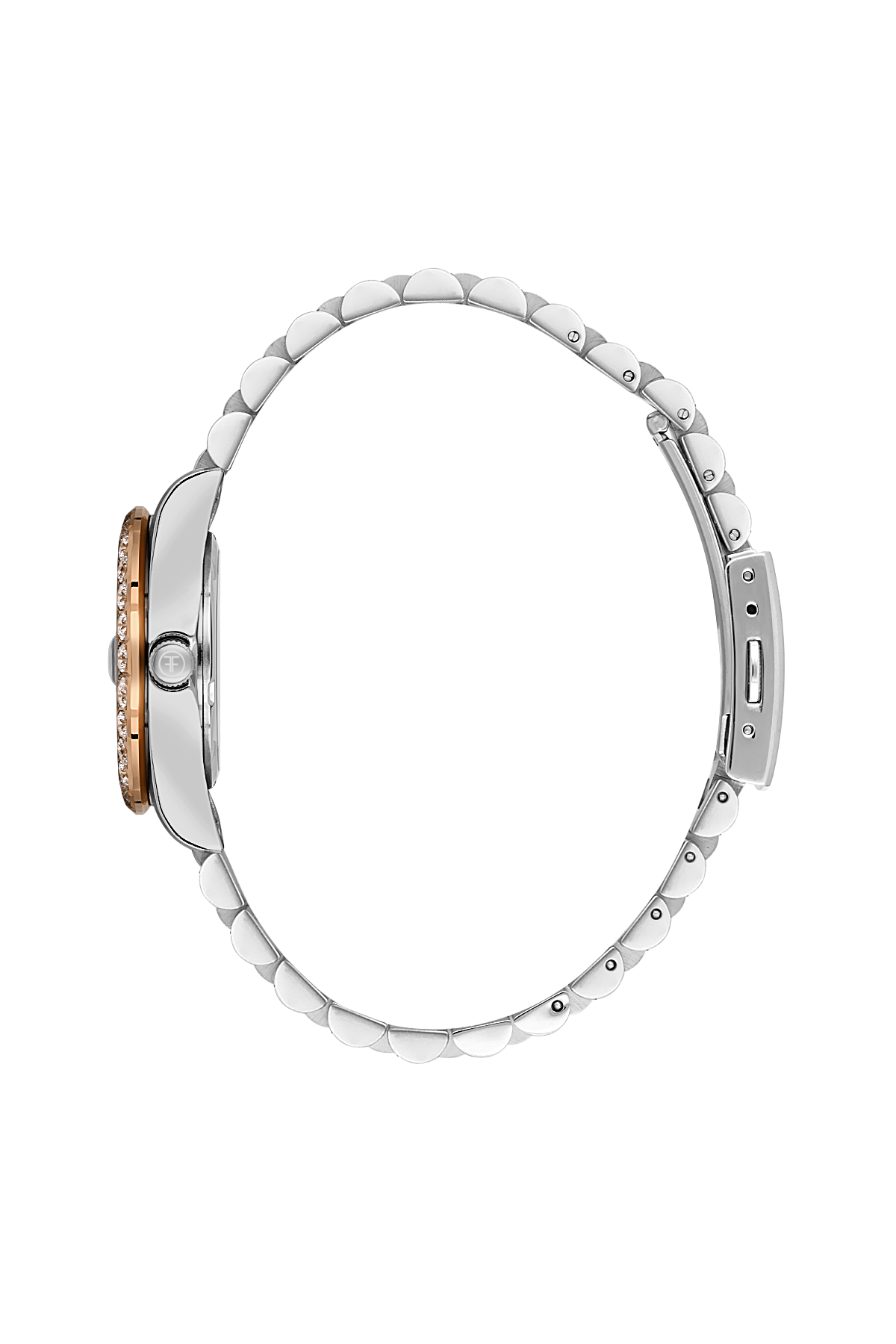 Close-up of a watch with a metallic band on a white background