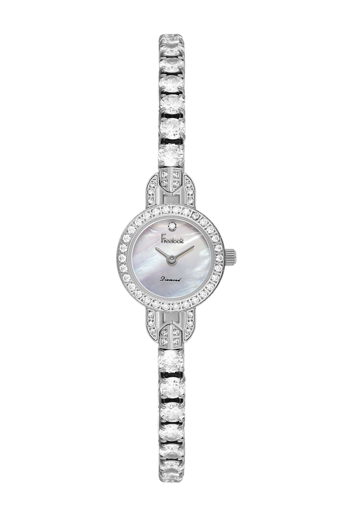 Silver watch with diamond-studded bracelet on a white background
