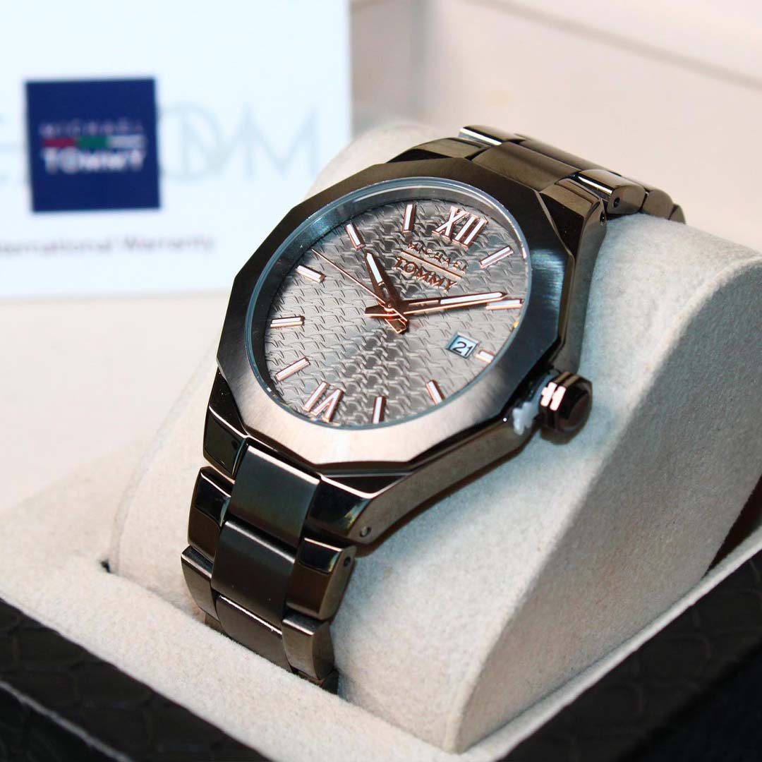 Tommy Hilfiger watch on a display stand with a blurred background
