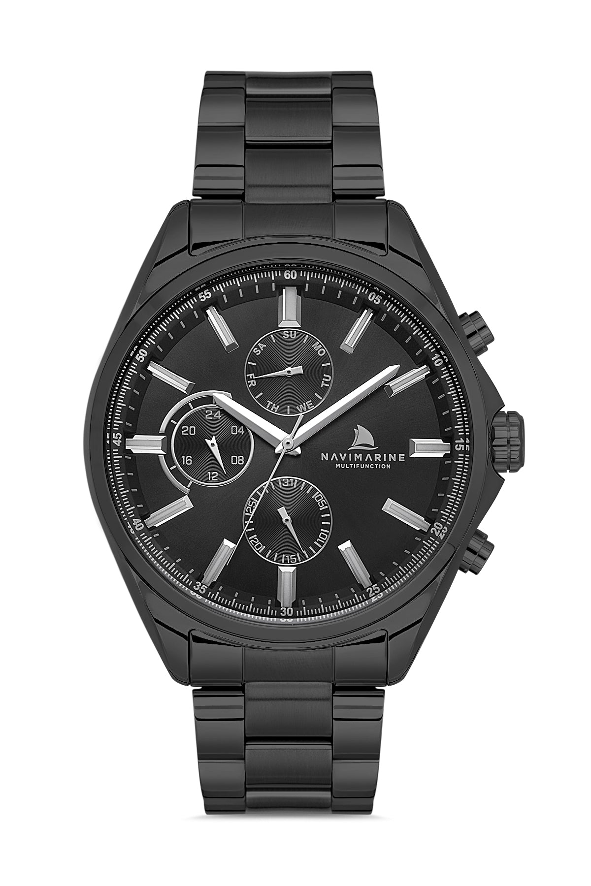 Black wristwatch with detailed face on a white background