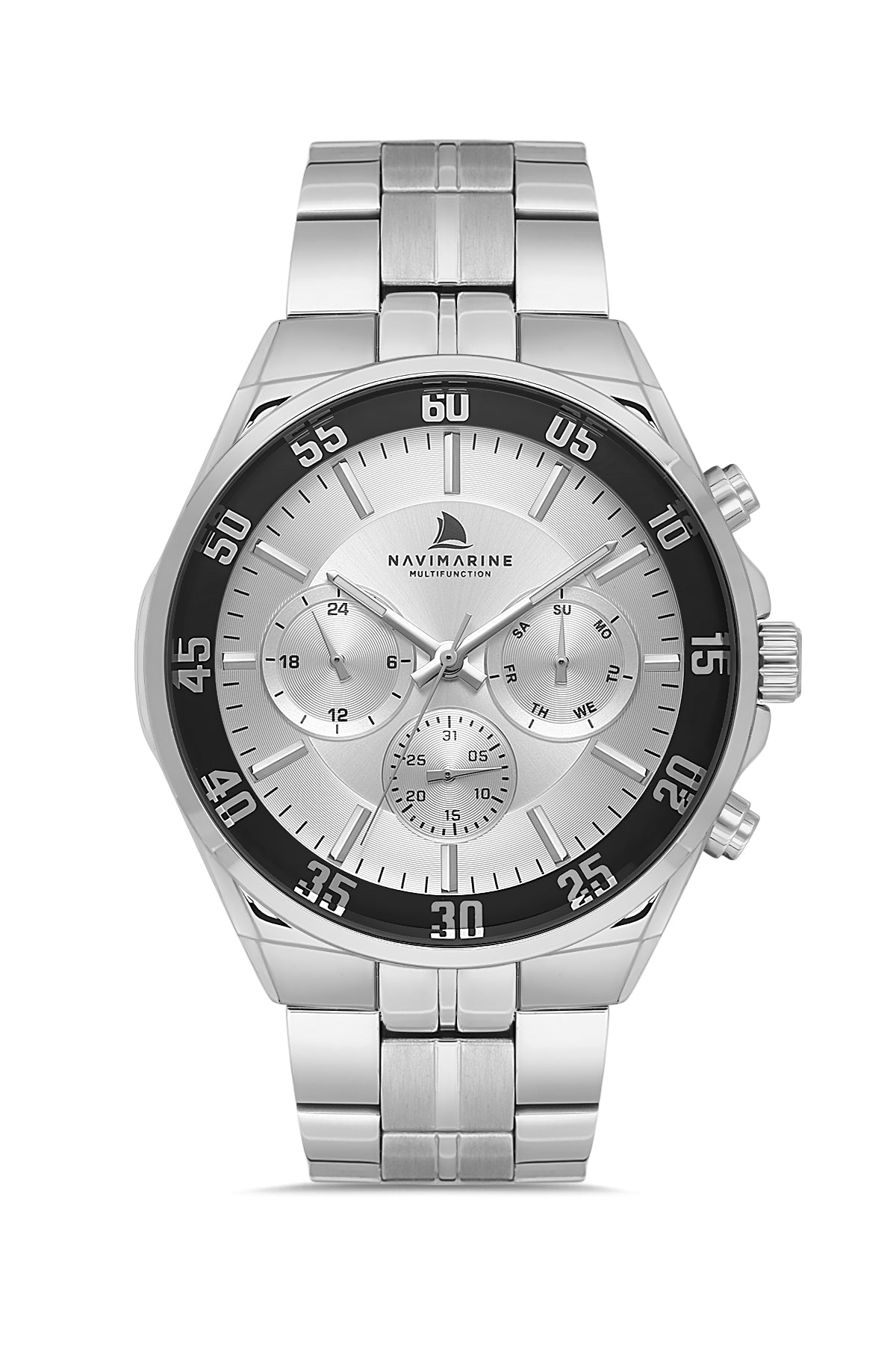 Silver wristwatch with a detailed face on a white background