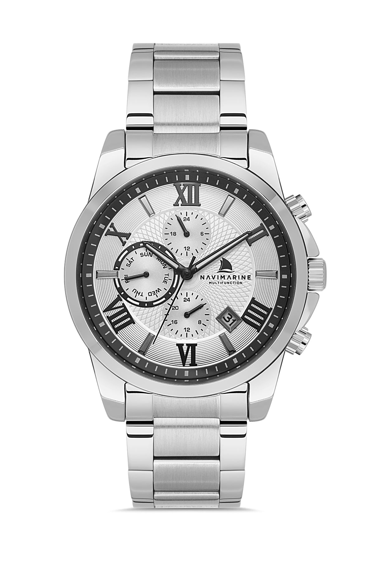 Silver wristwatch with a detailed face on a white background