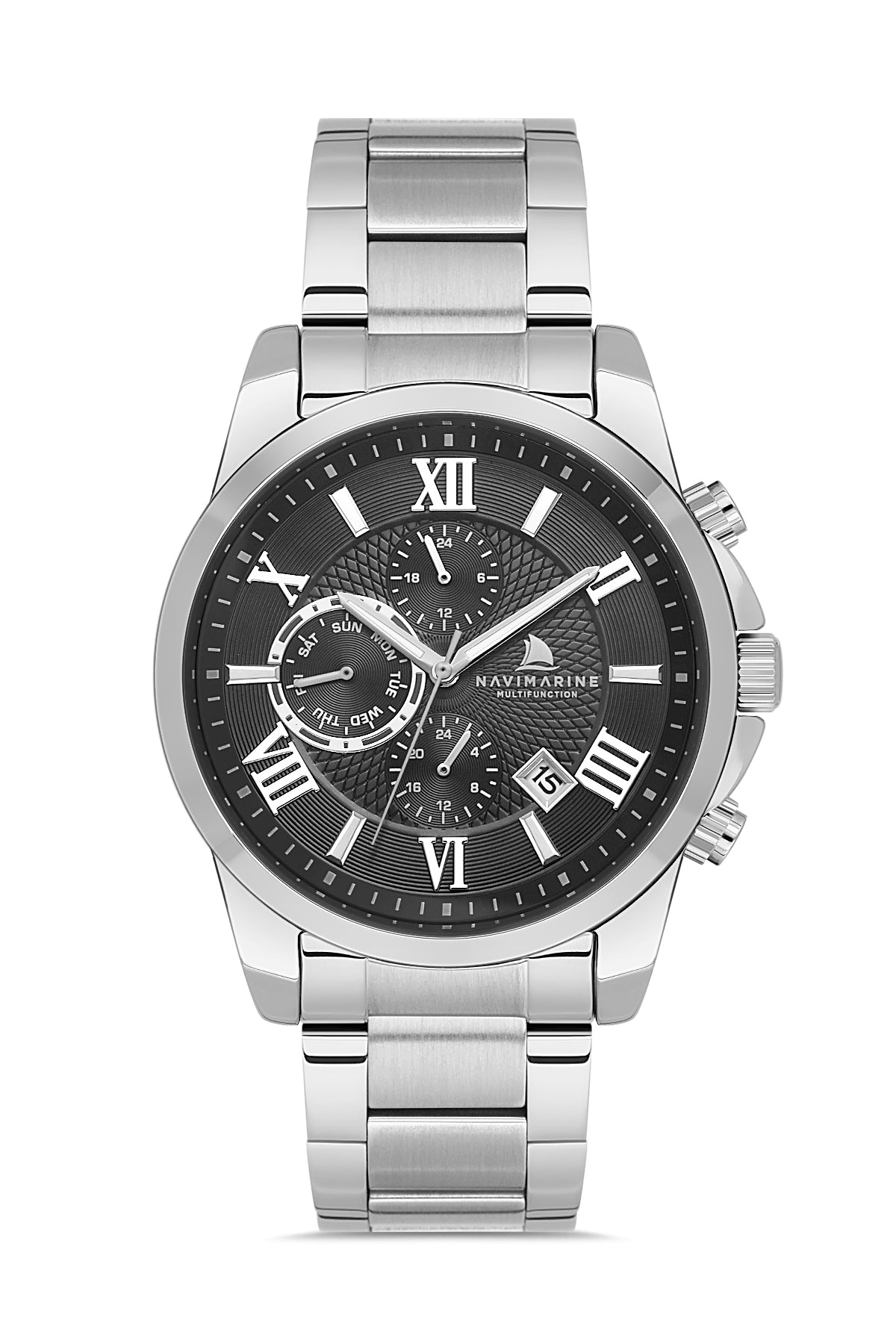 Silver wristwatch with black dial on a white background