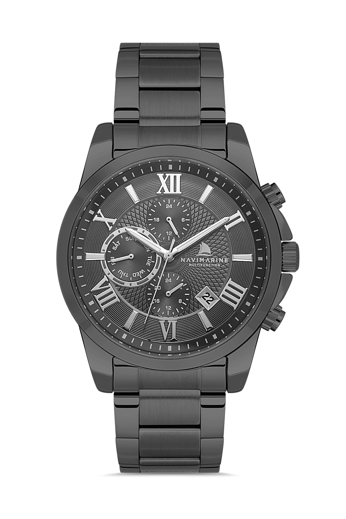 Black wristwatch with detailed face on a white background